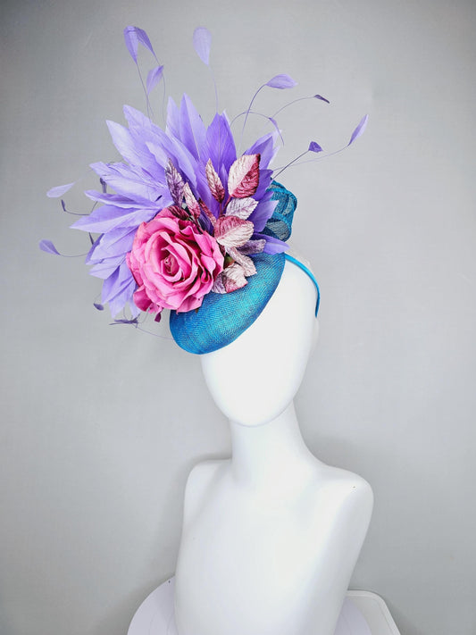 kentucky derby hat fascinator bright blue sinamay,lavender purple branching feathers,pink satin silk rose,pink beige ombre velvet leaves