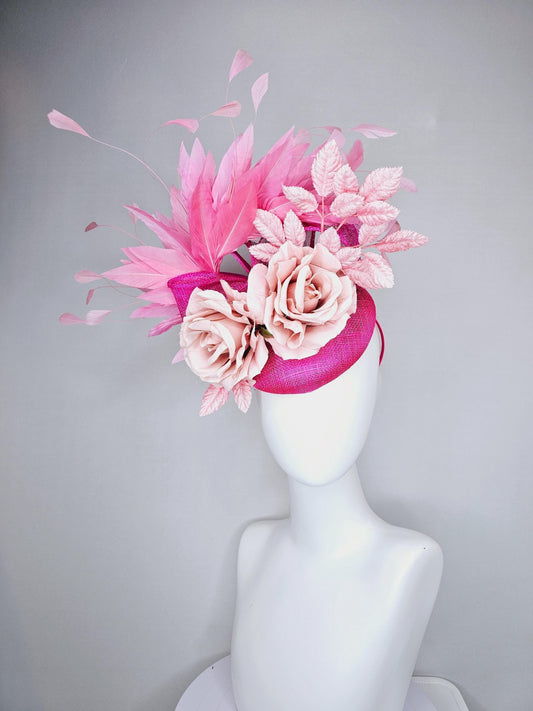 kentucky derby hat fascinator bright pink sinamay base w/ pink sinamay bow,pink branching feathers,pink leaves,blush pink satin silk roses