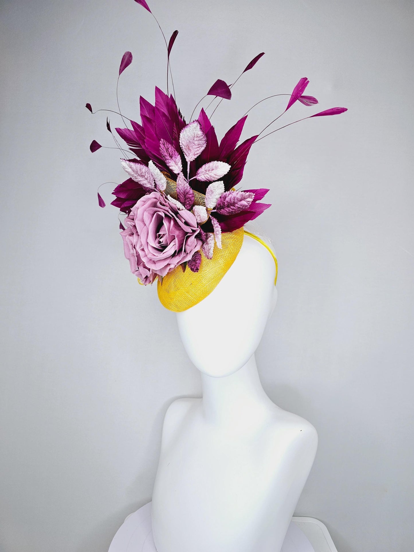 kentucky derby hat fascinator yellow sinamay base w/ yellow sinamay bow,magenta purple feathers,ombre purple leaves,lilac purple satin roses