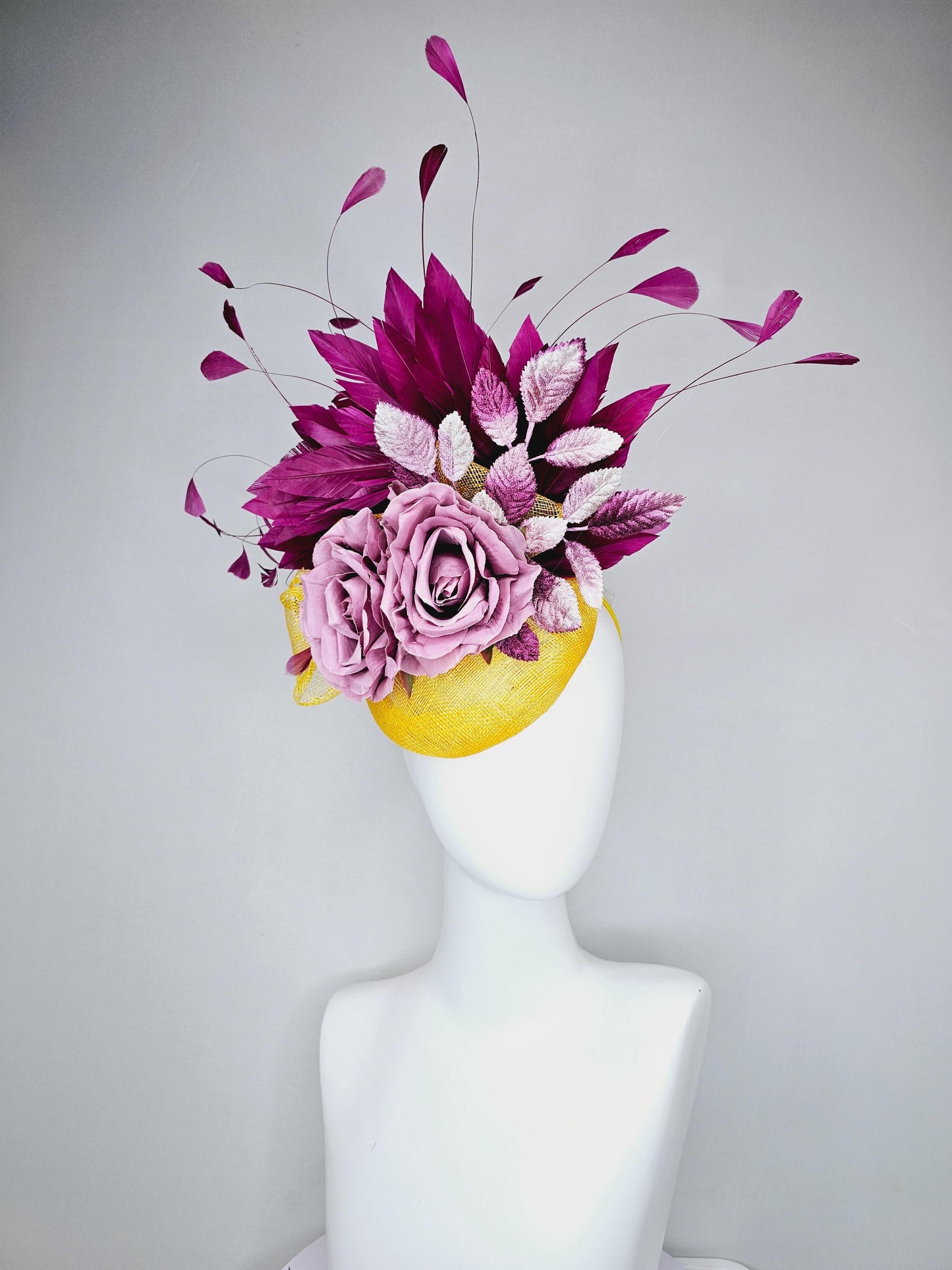 kentucky derby hat fascinator yellow sinamay base w/ yellow sinamay bow,magenta purple feathers,ombre purple leaves,lilac purple satin roses