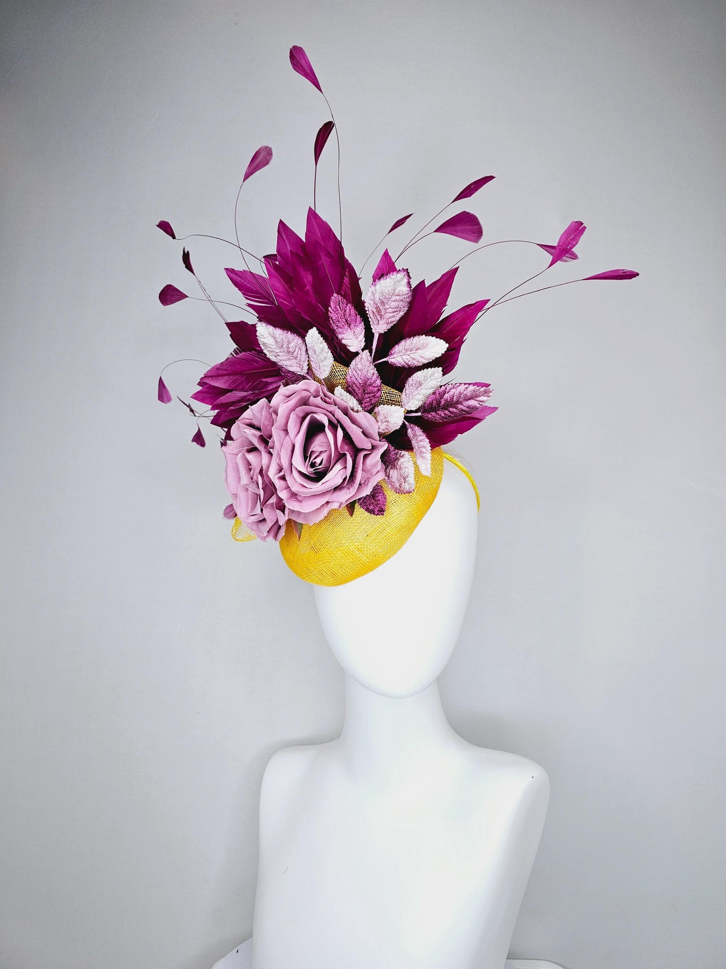 kentucky derby hat fascinator yellow sinamay base w/ yellow sinamay bow,magenta purple feathers,ombre purple leaves,lilac purple satin roses