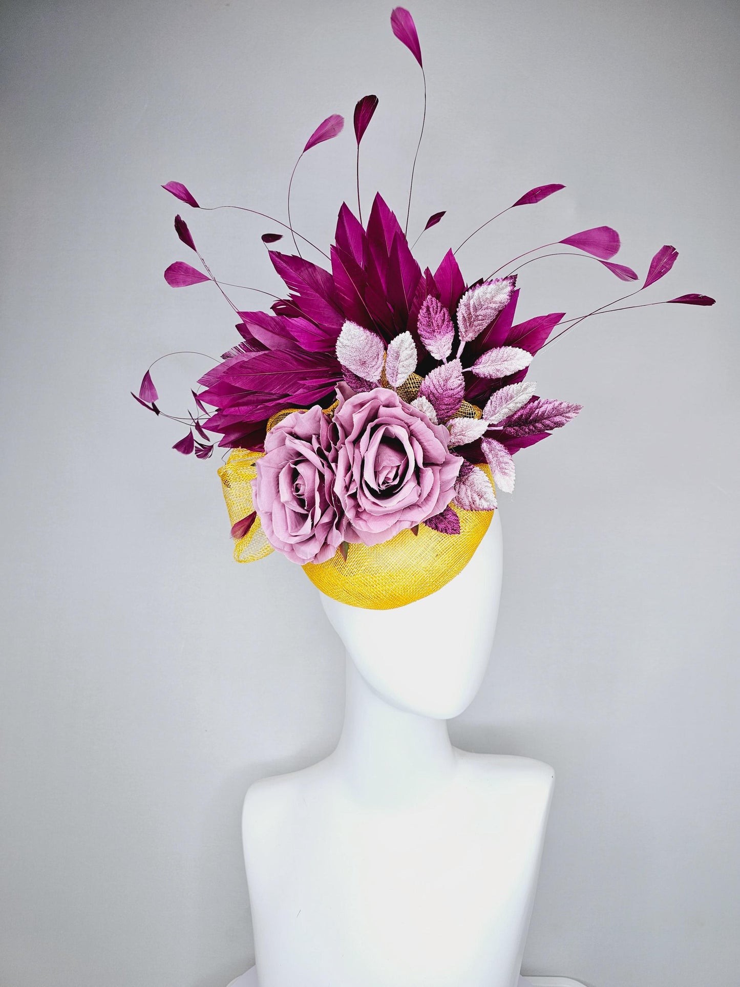 kentucky derby hat fascinator yellow sinamay base w/ yellow sinamay bow,magenta purple feathers,ombre purple leaves,lilac purple satin roses