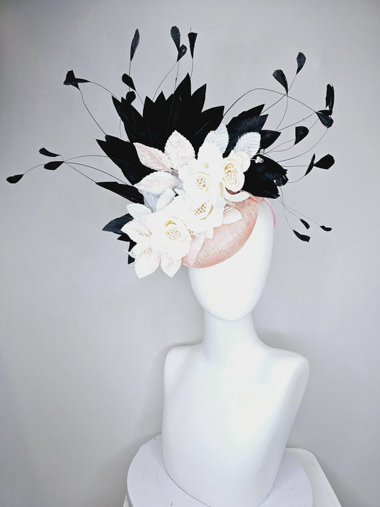 kentucky derby hat fascinator light pink sinamay with ivory white satin silk flowers, light pink white leaves, black branching feathers