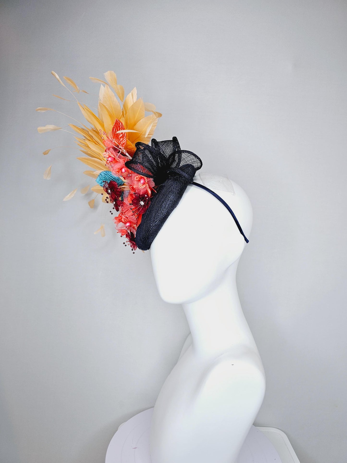 kentucky derby hat fascinator black sinamay, apricot orange yellow feathers, coral orange wine red satin flowers, sky blue coral leaves