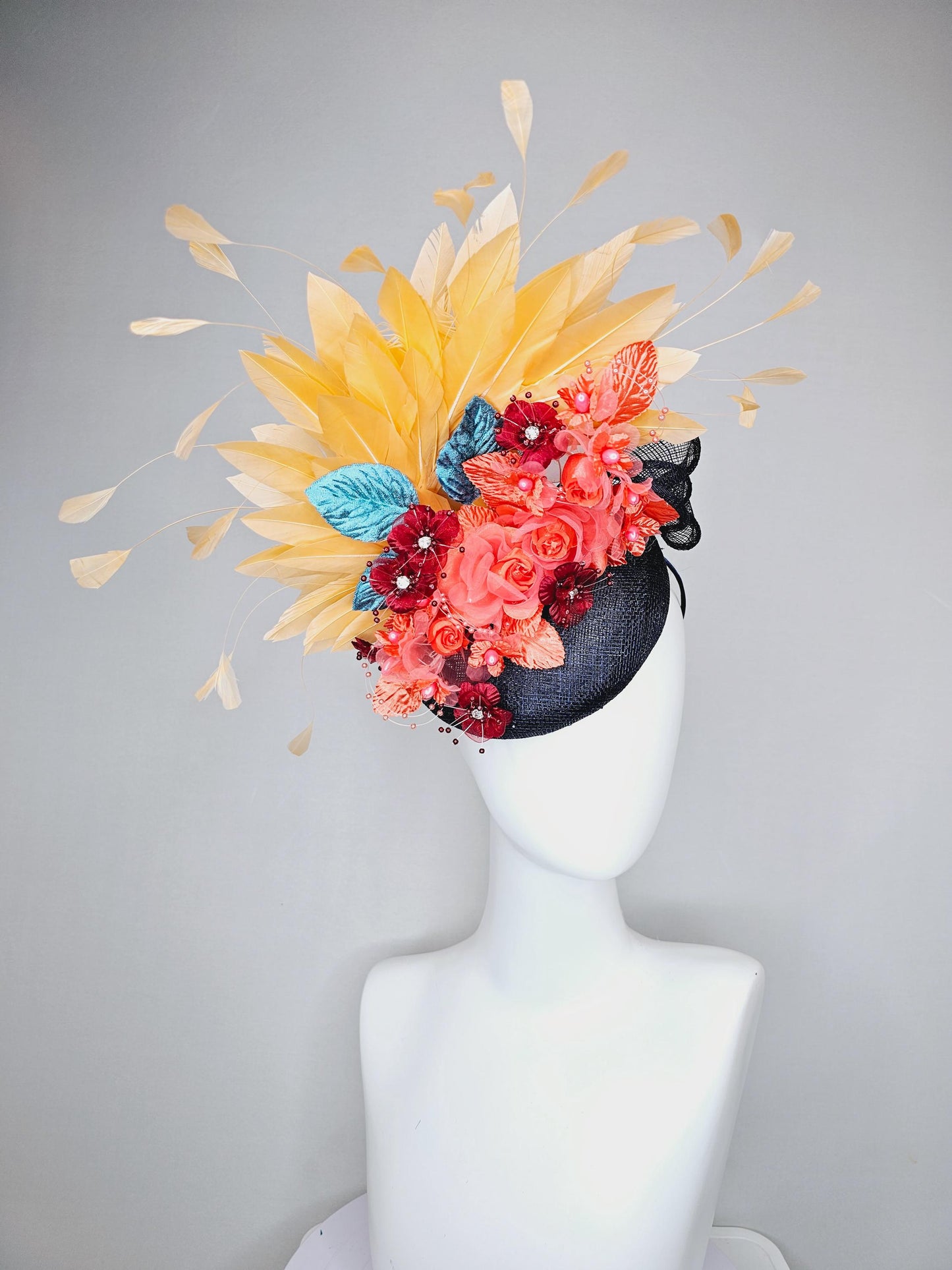 kentucky derby hat fascinator black sinamay, apricot orange yellow feathers, coral orange wine red satin flowers, sky blue coral leaves