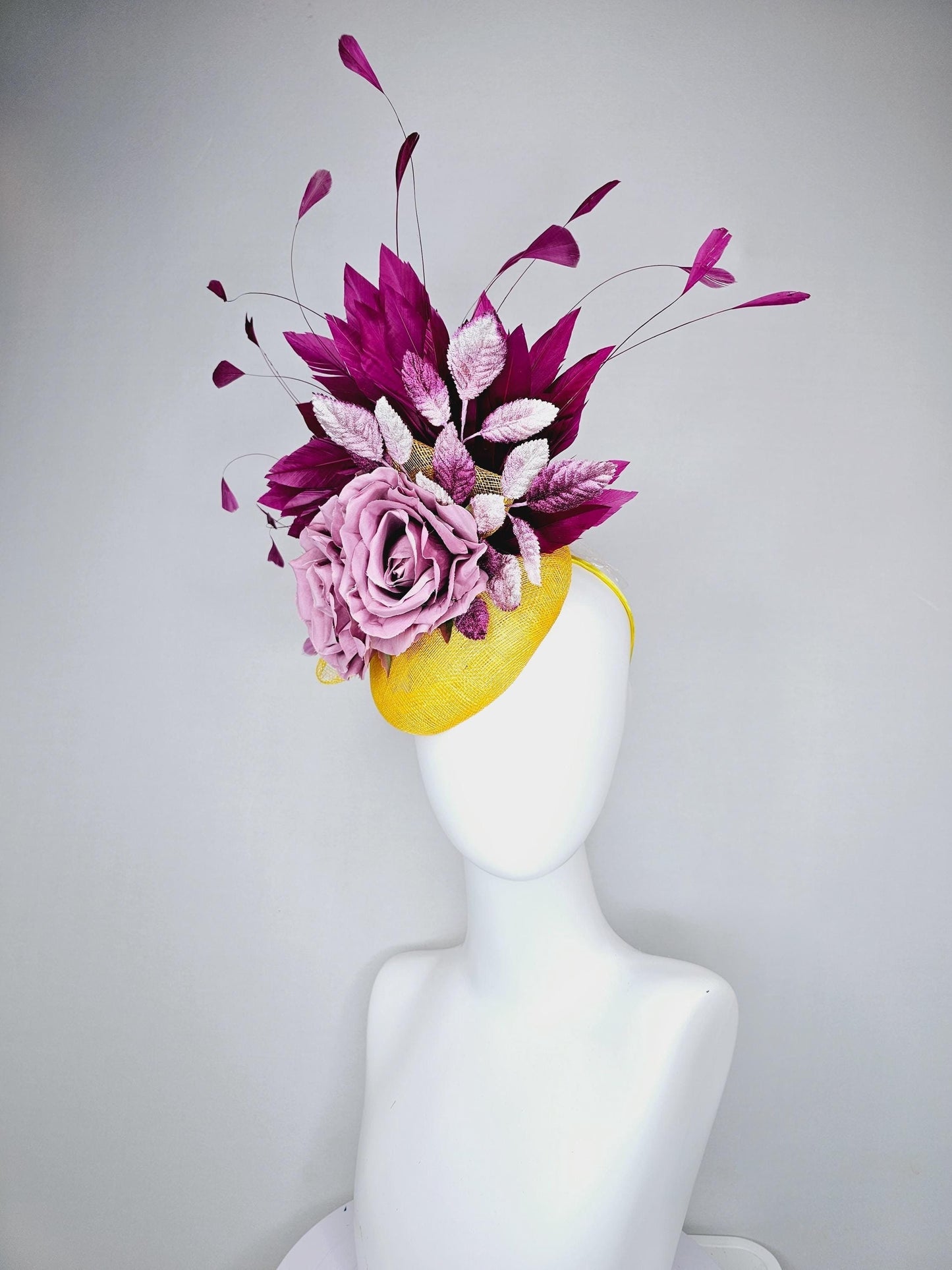 kentucky derby hat fascinator yellow sinamay base w/ yellow sinamay bow,magenta purple feathers,ombre purple leaves,lilac purple satin roses