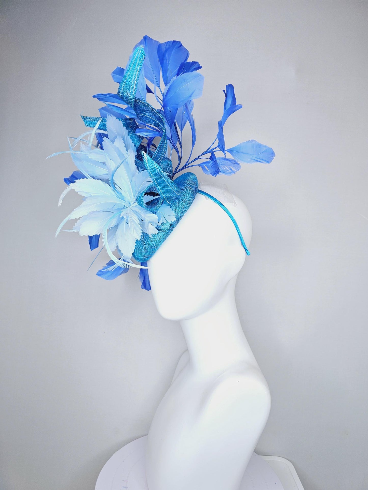 kentucky derby hat fascinator blue sinamay with curls and royal blue branching feathers,light baby blue large feather flower