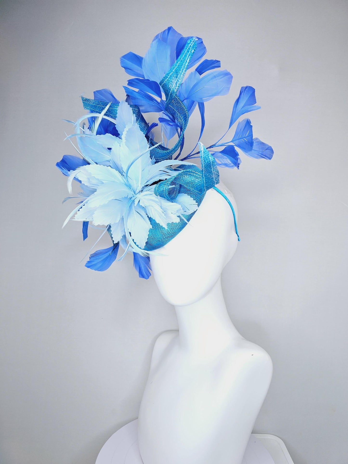 kentucky derby hat fascinator blue sinamay with curls and royal blue branching feathers,light baby blue large feather flower