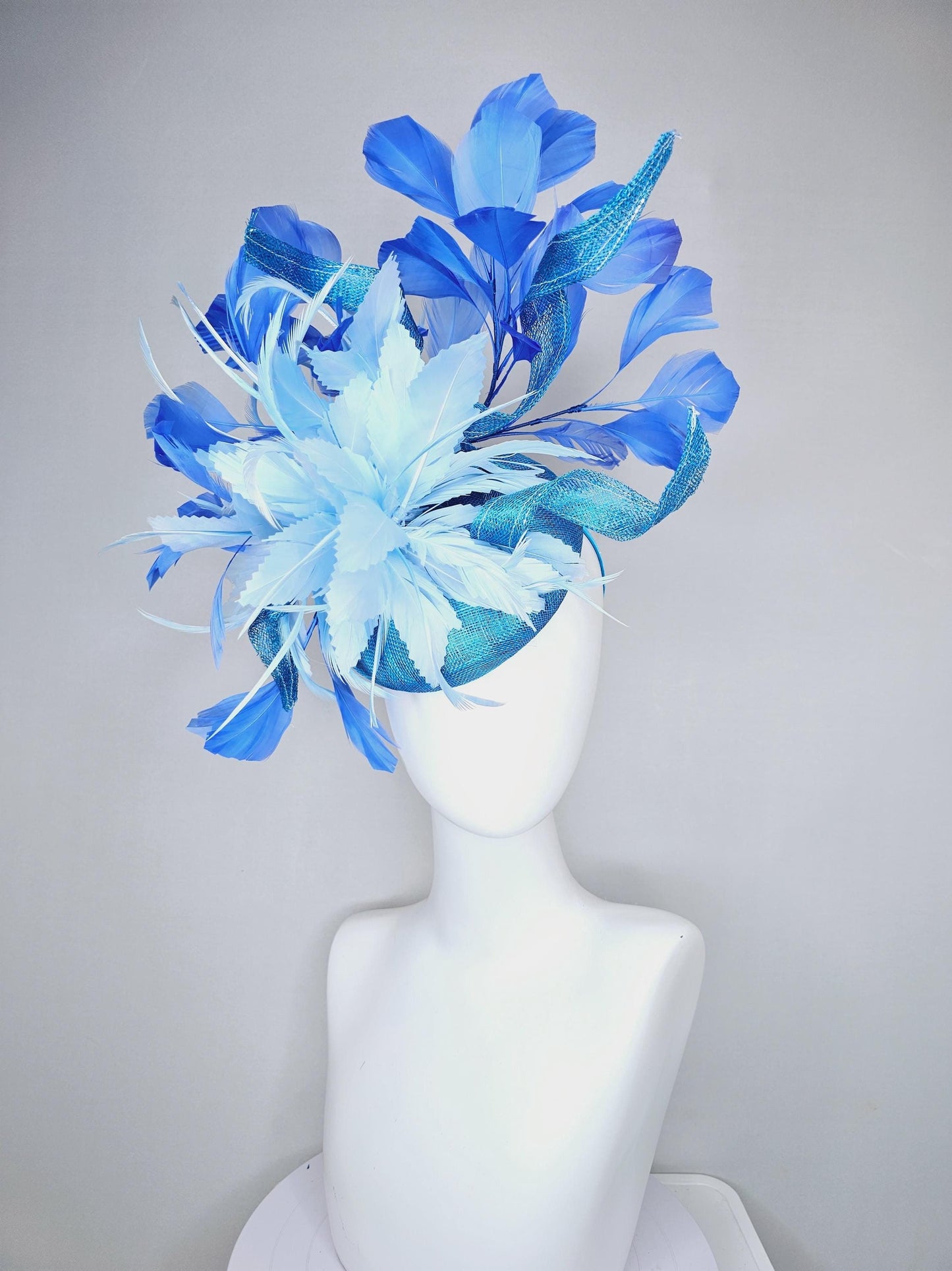 kentucky derby hat fascinator blue sinamay with curls and royal blue branching feathers,light baby blue large feather flower