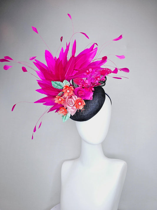 kentucky derby hat fascinator black sinamay with hot pink fuchsia branching feathers,orange and pink satin silk flowers,green leaves