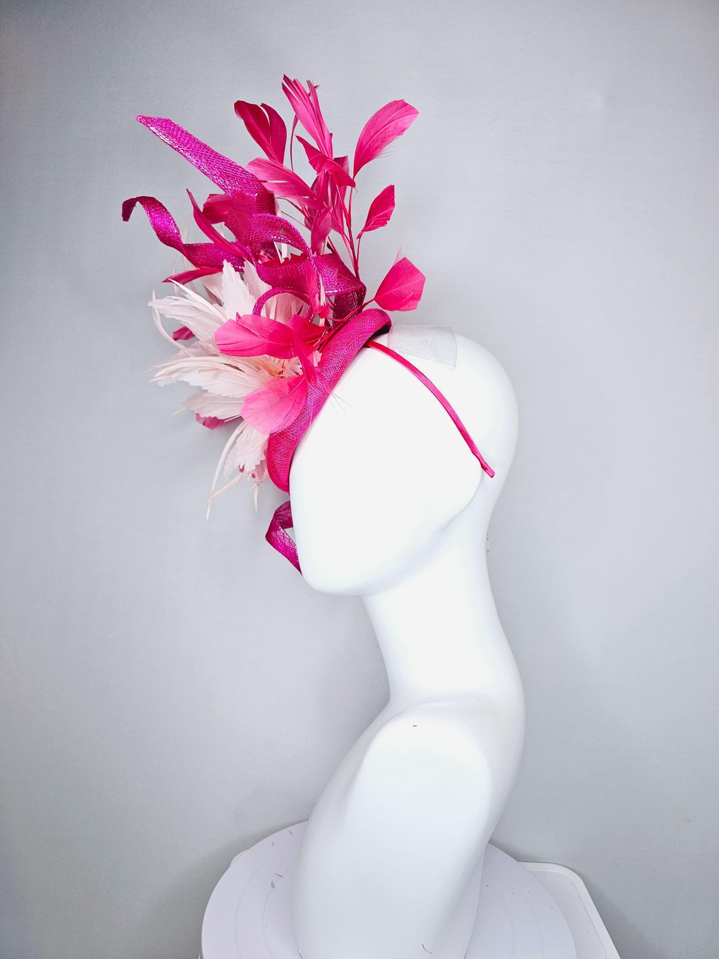 kentucky derby hat fascinator hot bright pink sinamay with tall curls,pink branching feathers and light pink large feather flower