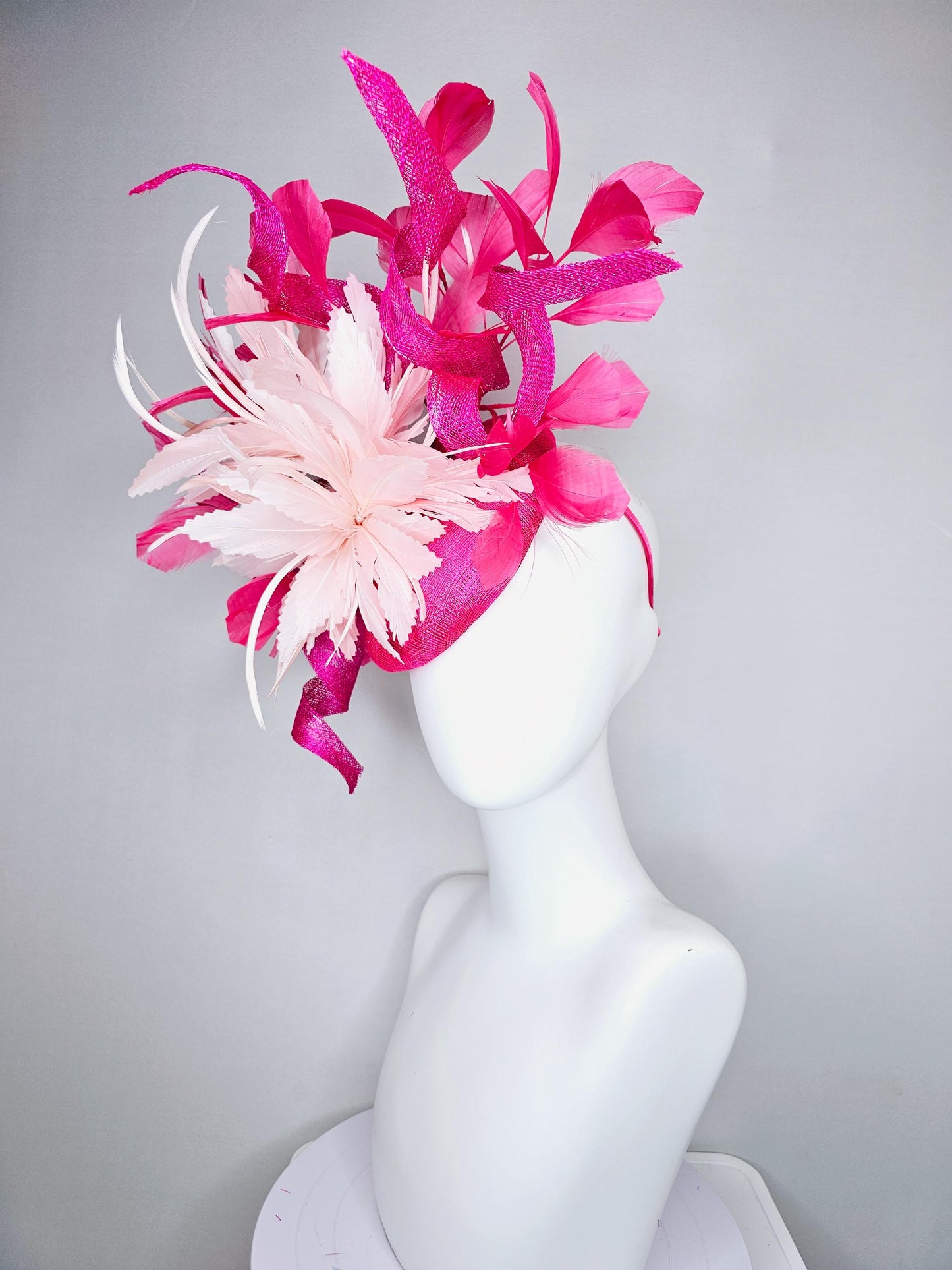 kentucky derby hat fascinator hot bright pink sinamay with tall curls,pink branching feathers and light pink large feather flower