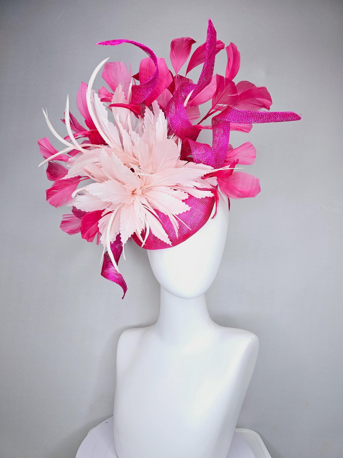 kentucky derby hat fascinator hot bright pink sinamay with tall curls,pink branching feathers and light pink large feather flower