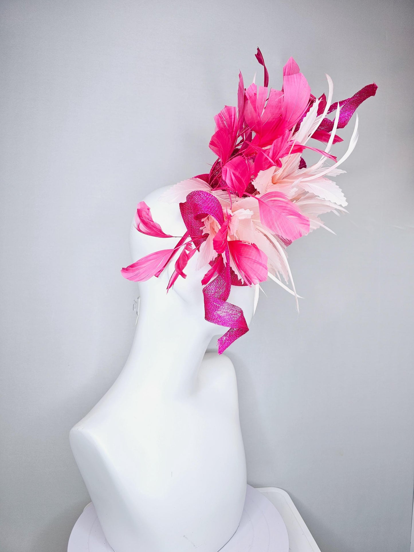 kentucky derby hat fascinator hot bright pink sinamay with tall curls,pink branching feathers and light pink large feather flower