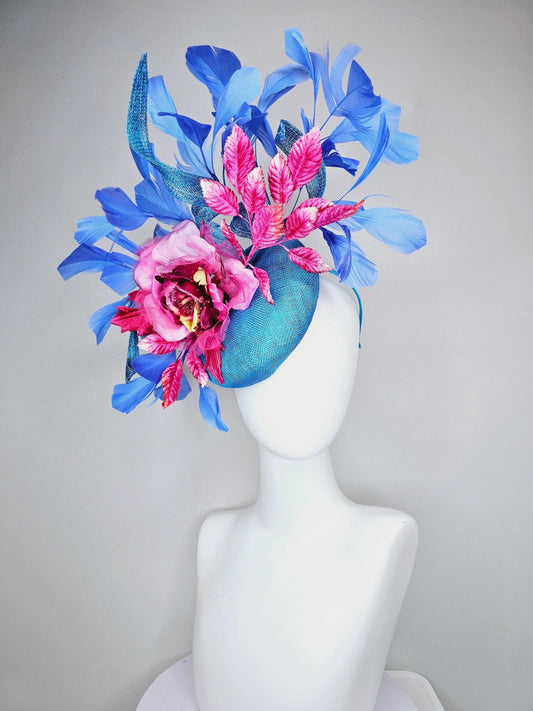 kentucky derby hat fascinator bright blue sinamay with curls,royal blue branching feathers,pink ombre organza rose,pink ombre velvet leaves