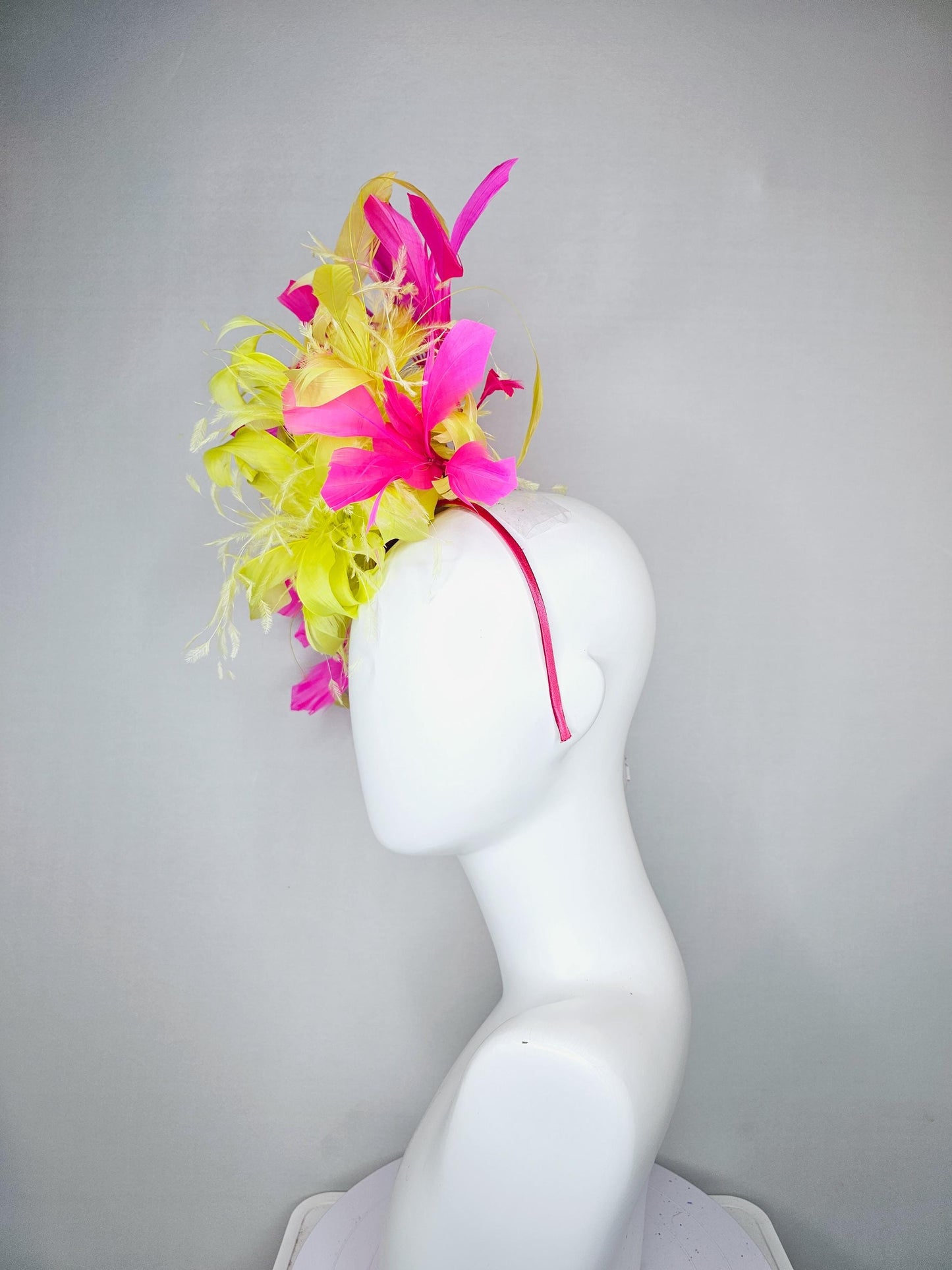 kentucky derby hat fascinator yellow feather flower with pink fuchsia feathers, thin headband