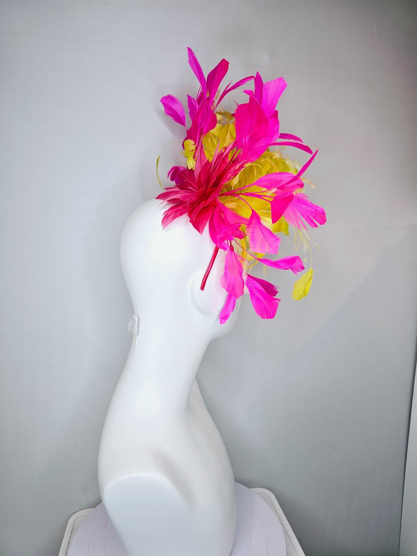 kentucky derby hat fascinator yellow feather flower with pink fuchsia feathers, thin headband