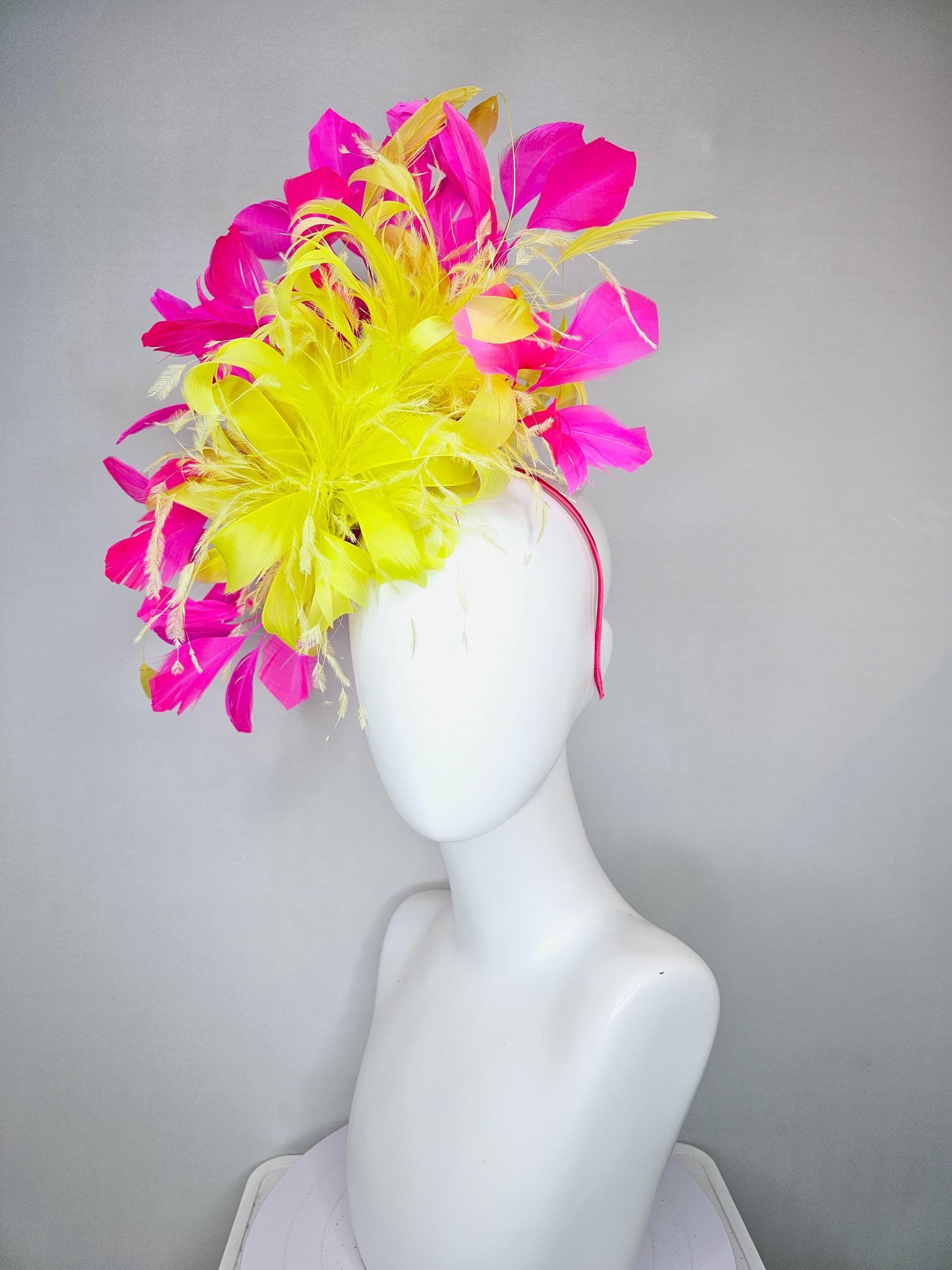 kentucky derby hat fascinator yellow feather flower with pink fuchsia feathers, thin headband