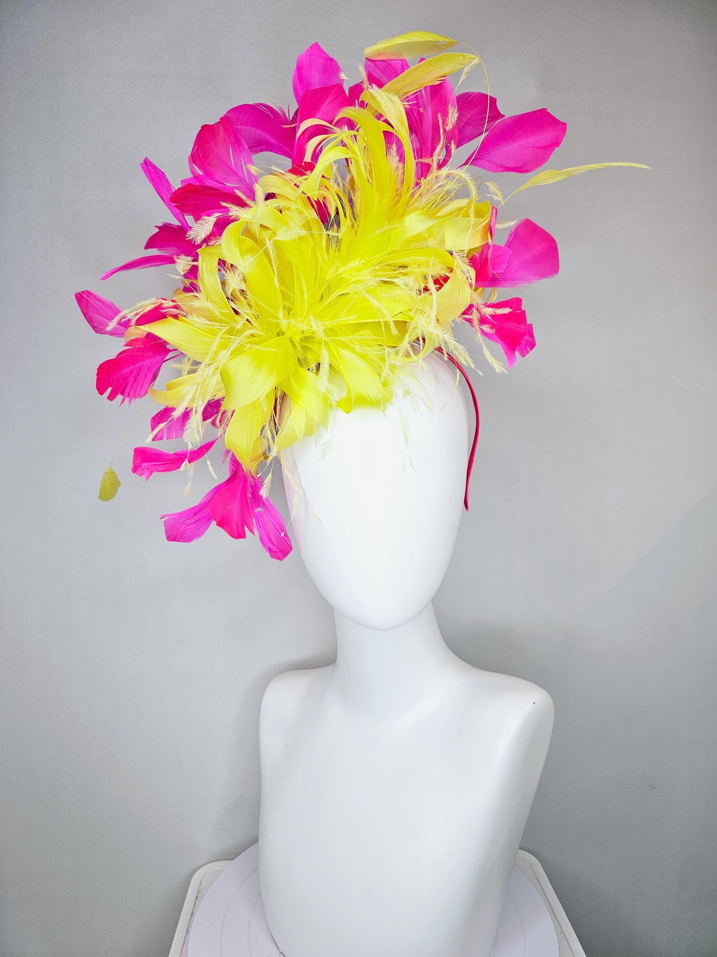 kentucky derby hat fascinator yellow feather flower with pink fuchsia feathers, thin headband