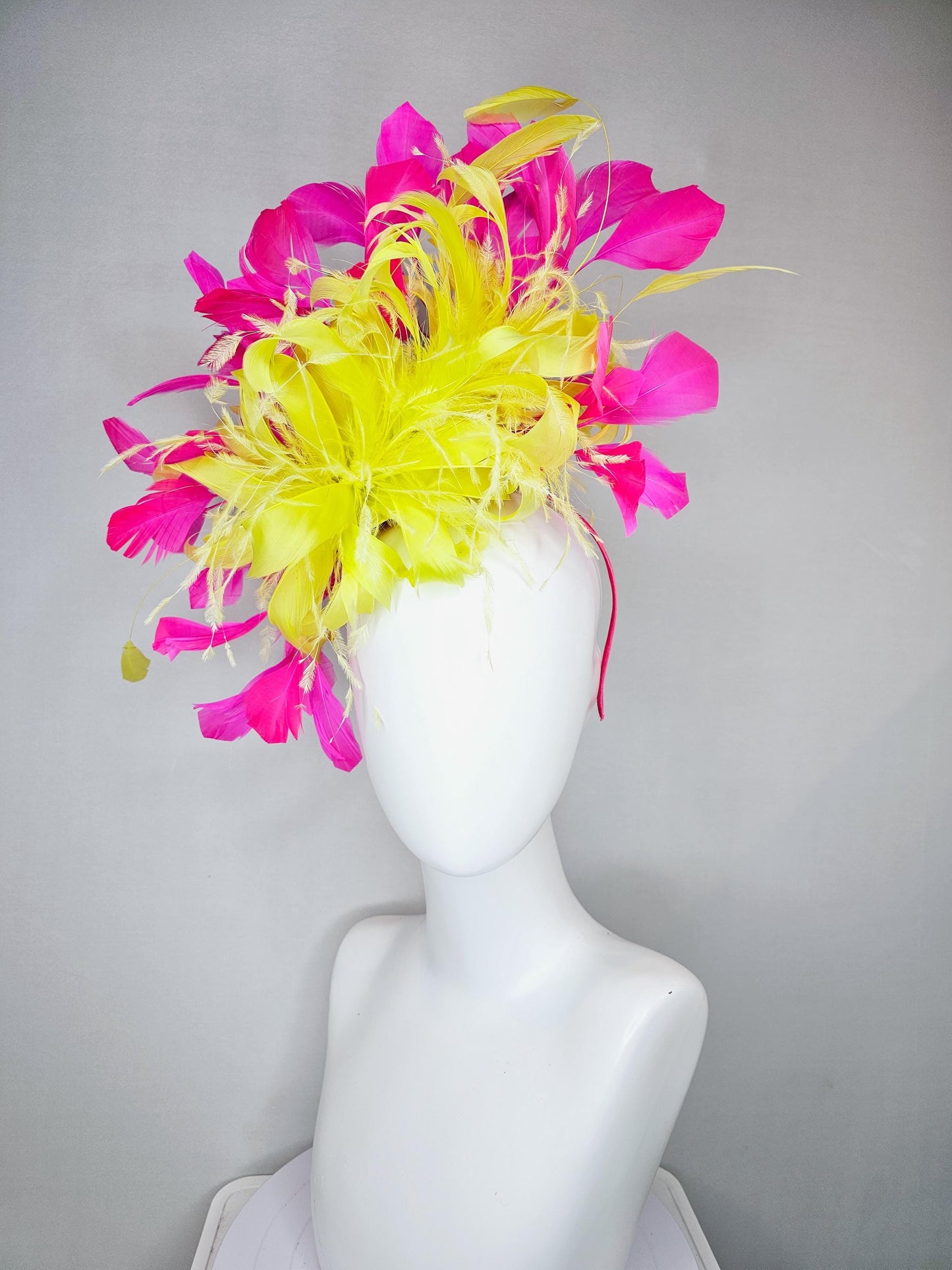 kentucky derby hat fascinator yellow feather flower with pink fuchsia feathers, thin headband