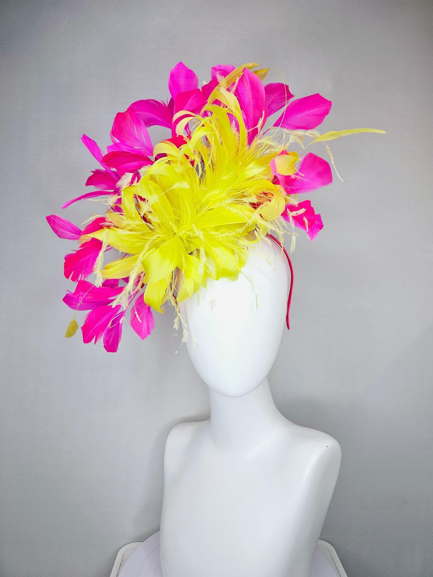 kentucky derby hat fascinator yellow feather flower with pink fuchsia feathers, thin headband