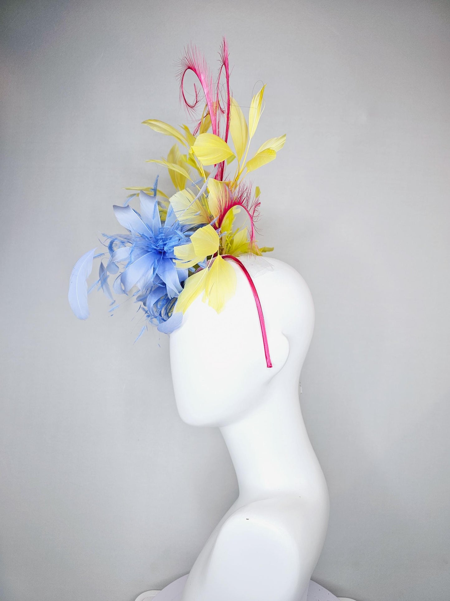 kentucky derby hat fascinator sky blue feather flower with yellow feathers, pink feathers, thin headband