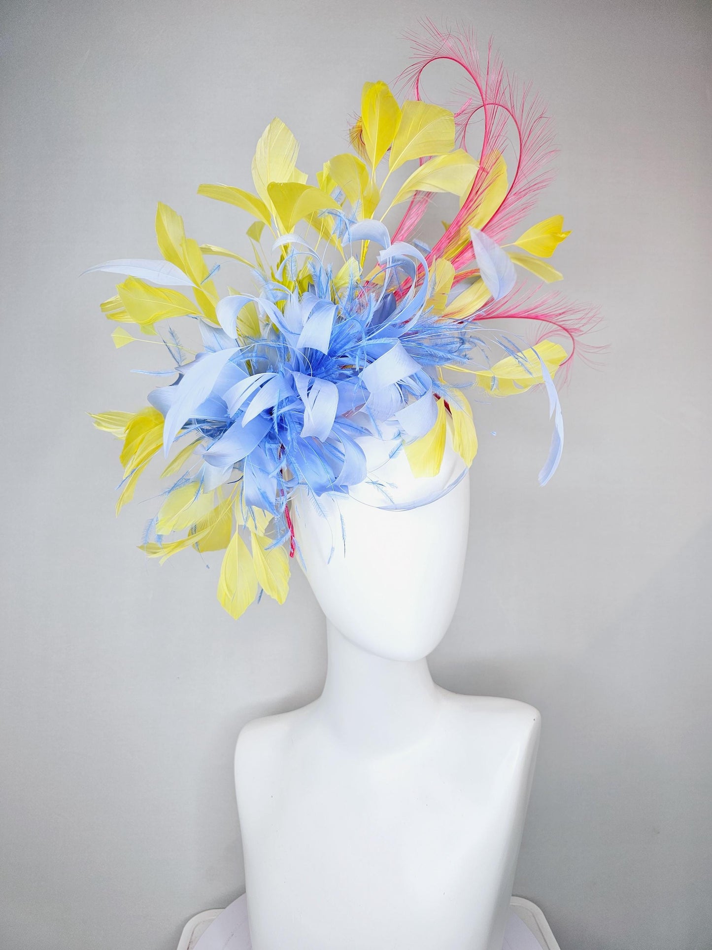 kentucky derby hat fascinator sky blue feather flower with yellow feathers, pink feathers, thin headband