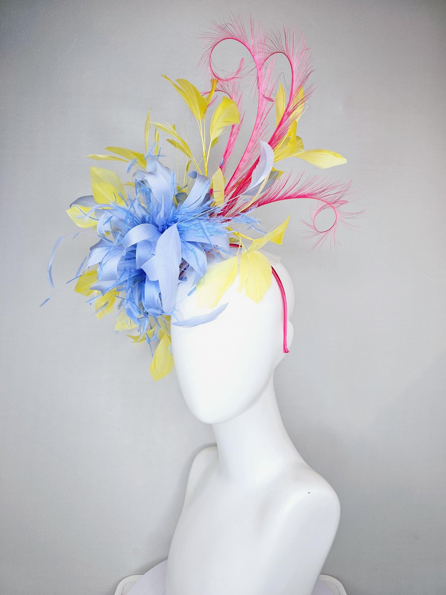 kentucky derby hat fascinator sky blue feather flower with yellow feathers, pink feathers, thin headband