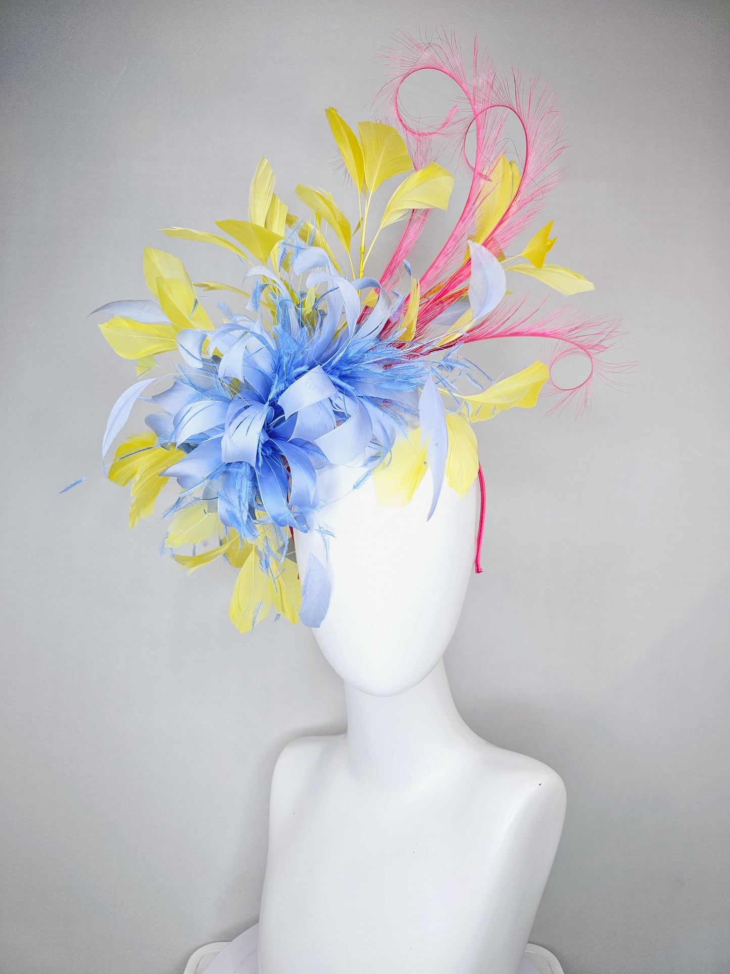 kentucky derby hat fascinator sky blue feather flower with yellow feathers, pink feathers, thin headband