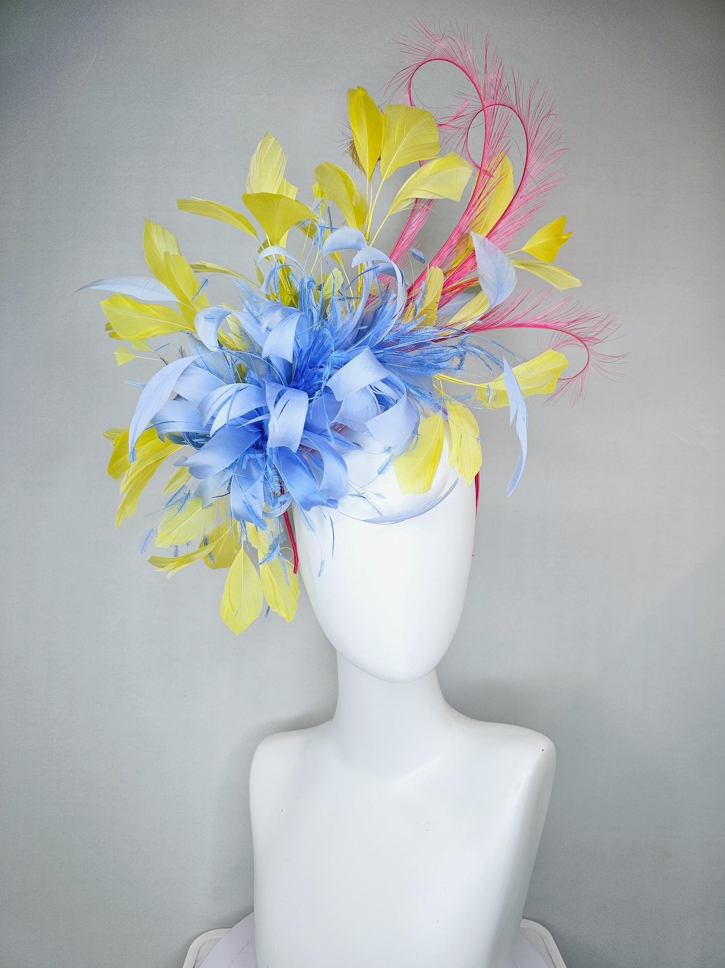 kentucky derby hat fascinator sky blue feather flower with yellow feathers, pink feathers, thin headband