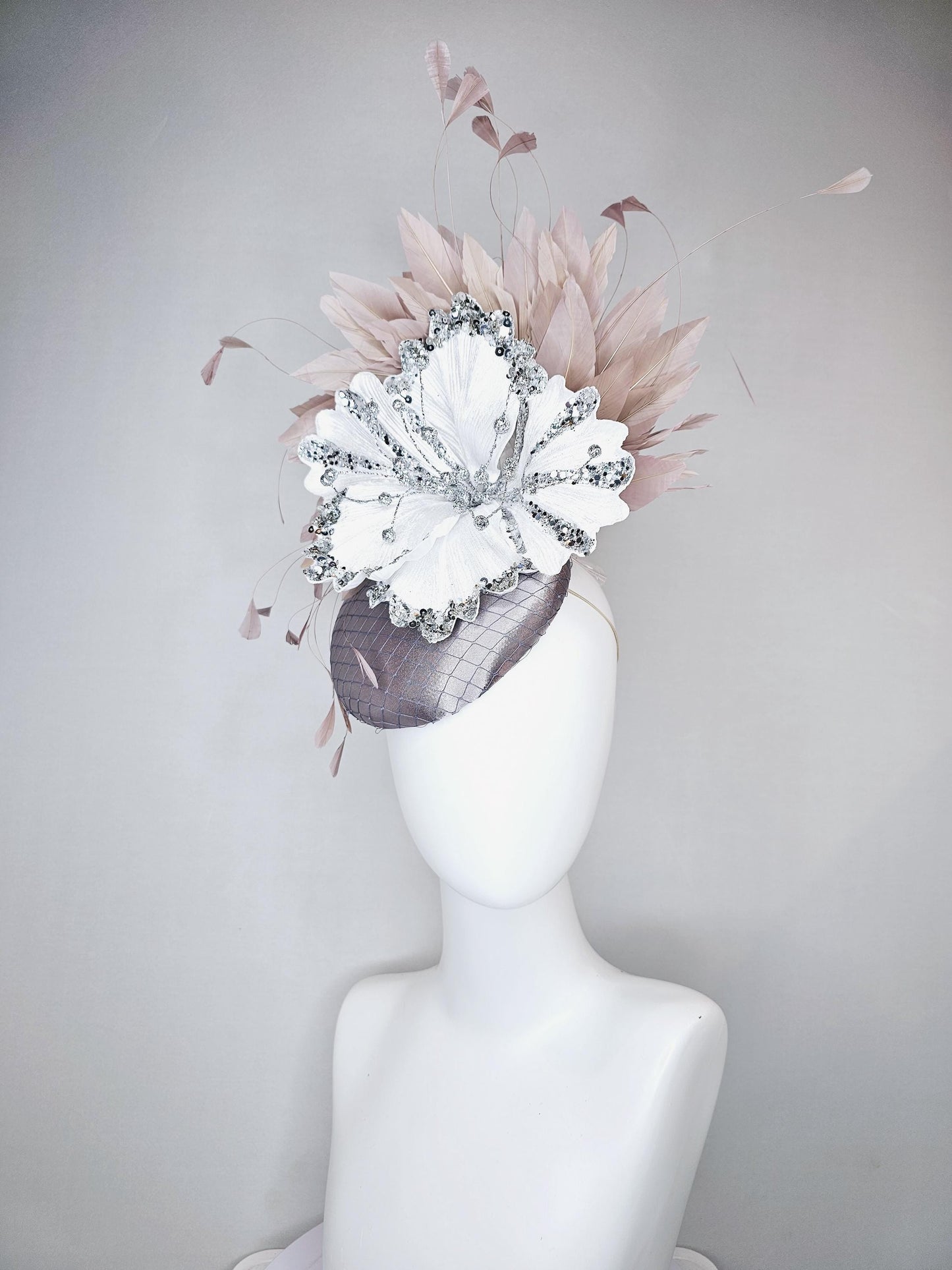 kentucky derby hat fascinator gray silver satin with netting, white sequin silver satin flower and taupe neutral  branching feathers