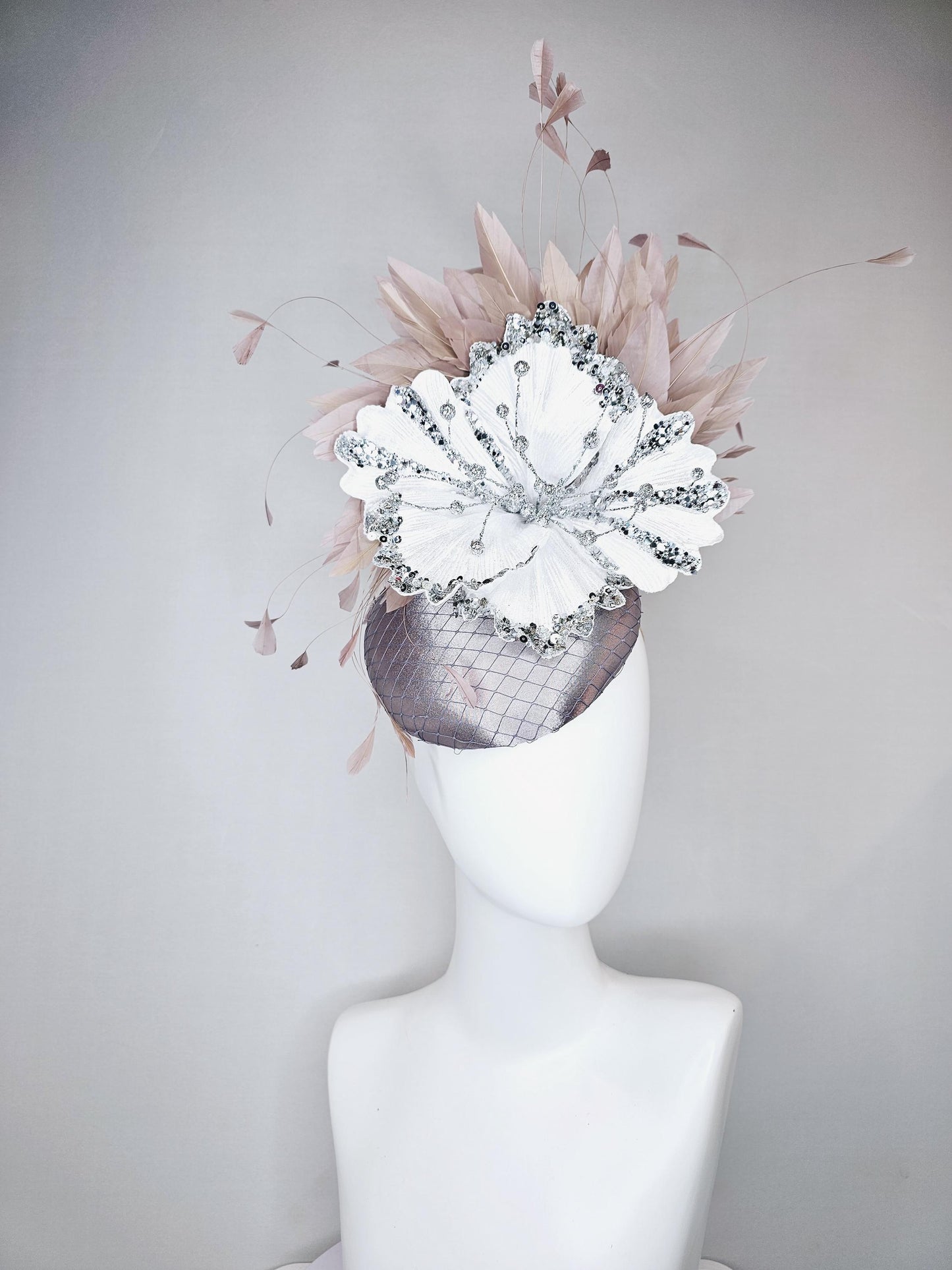 kentucky derby hat fascinator gray silver satin with netting, white sequin silver satin flower and taupe neutral  branching feathers