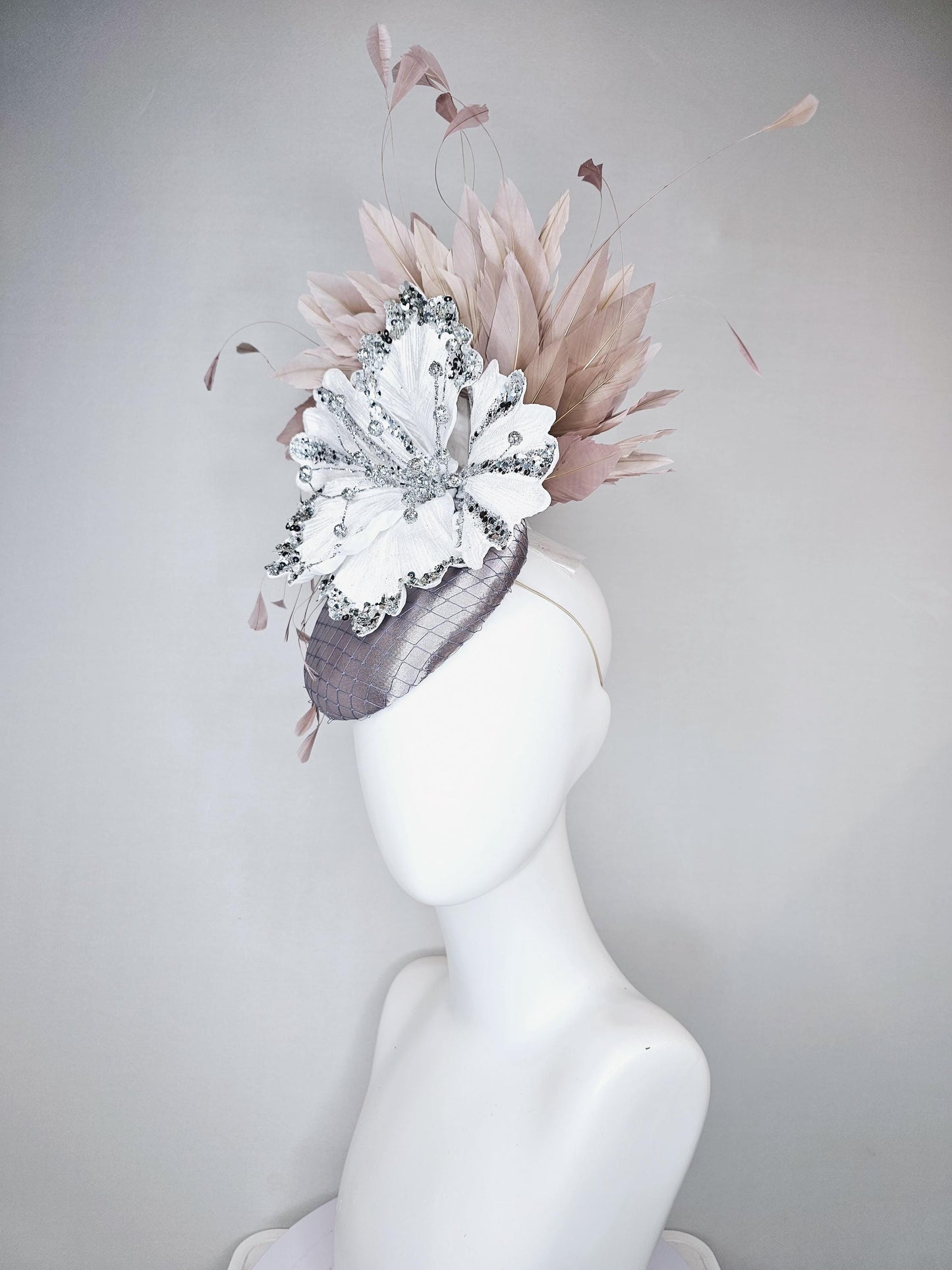 kentucky derby hat fascinator gray silver satin with netting, white sequin silver satin flower and taupe neutral  branching feathers