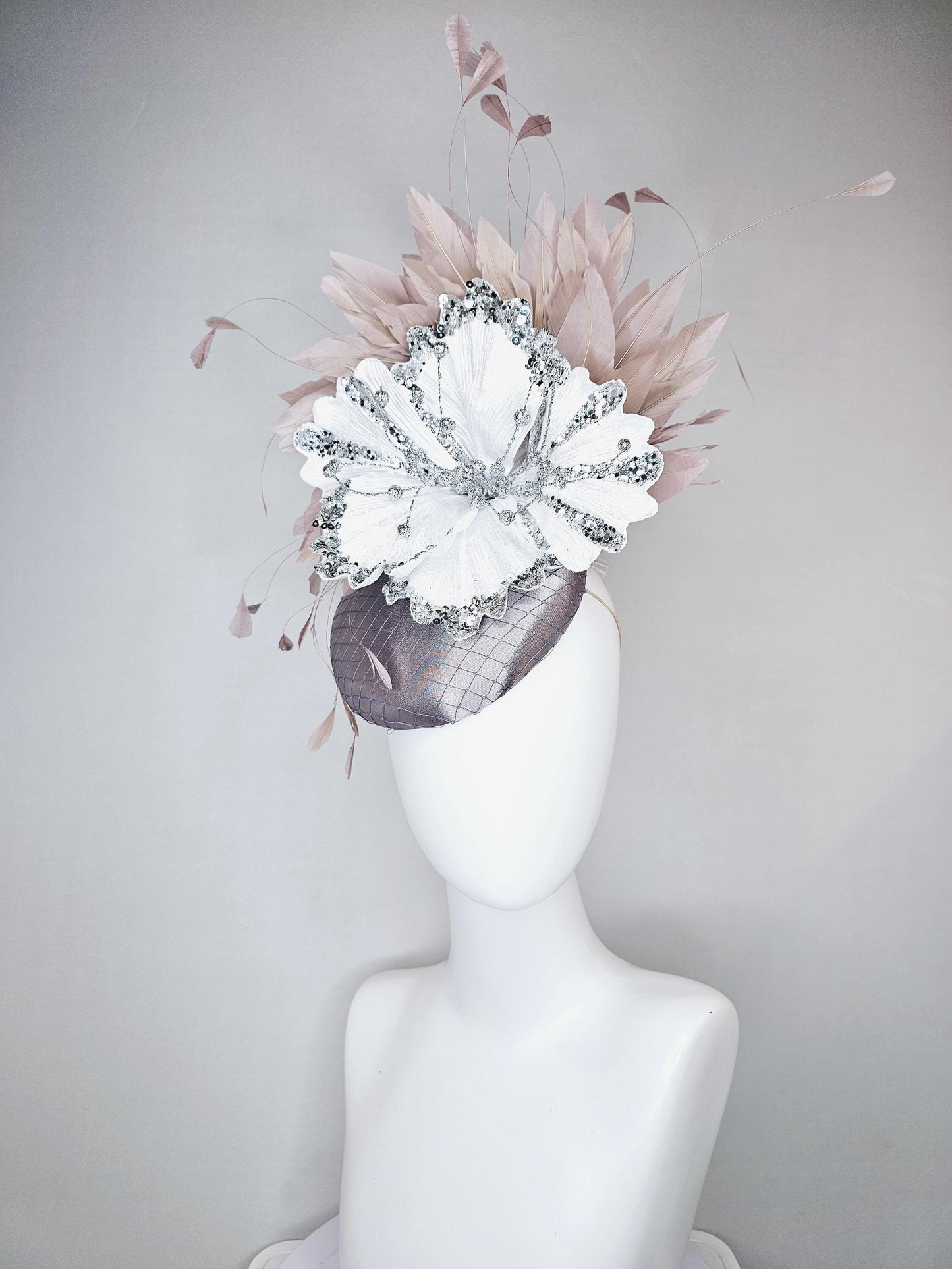 kentucky derby hat fascinator gray silver satin with netting, white sequin silver satin flower and taupe neutral  branching feathers