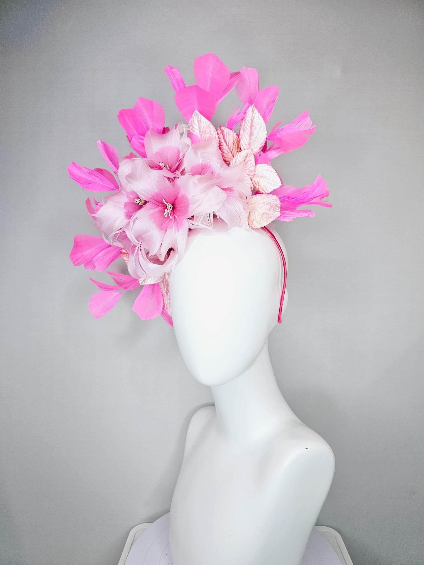 kentucky derby hat fascinator baby pink feather flower with blush pink leaves and pink feathers, thin headband