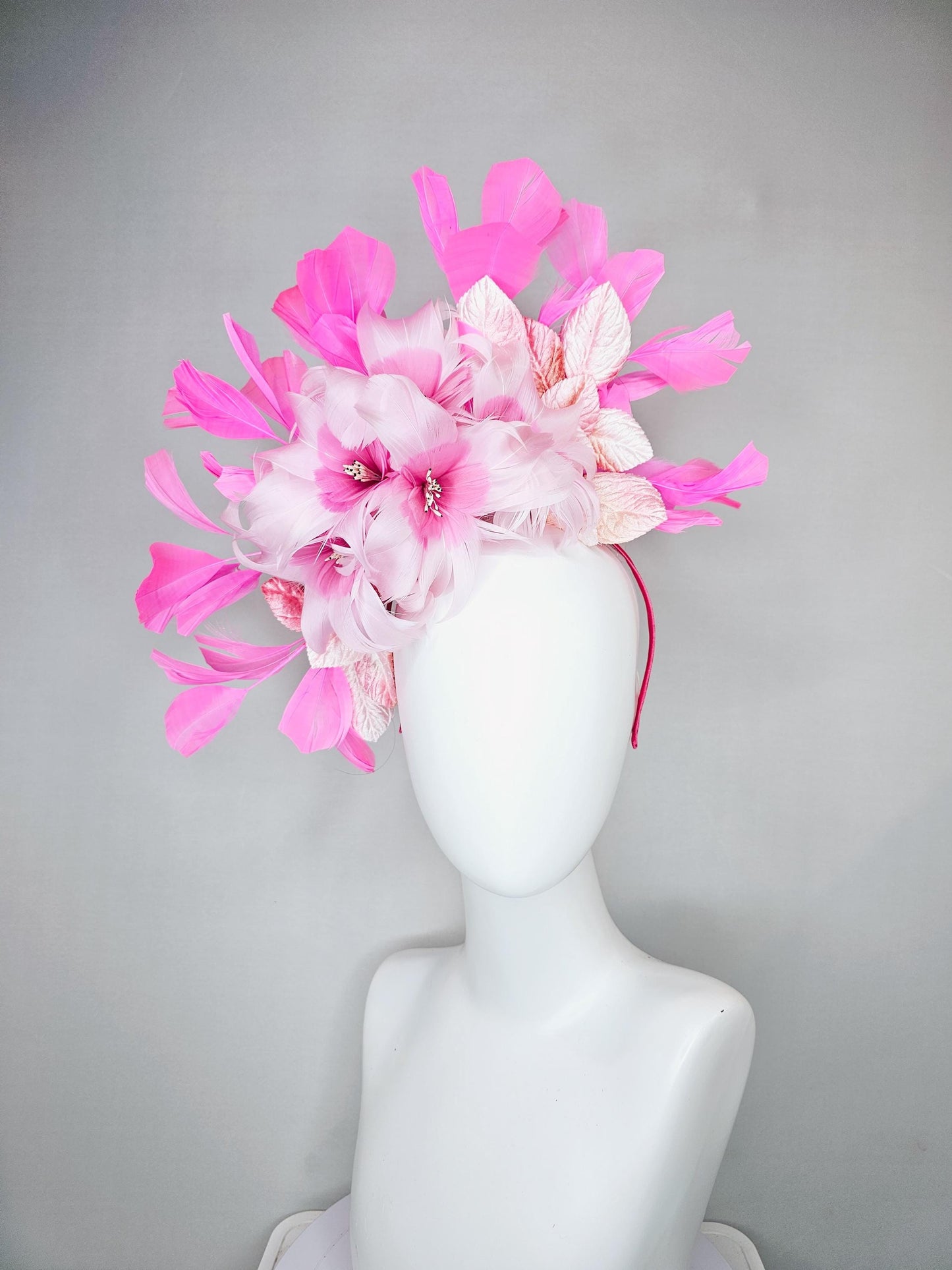 kentucky derby hat fascinator baby pink feather flower with blush pink leaves and pink feathers, thin headband