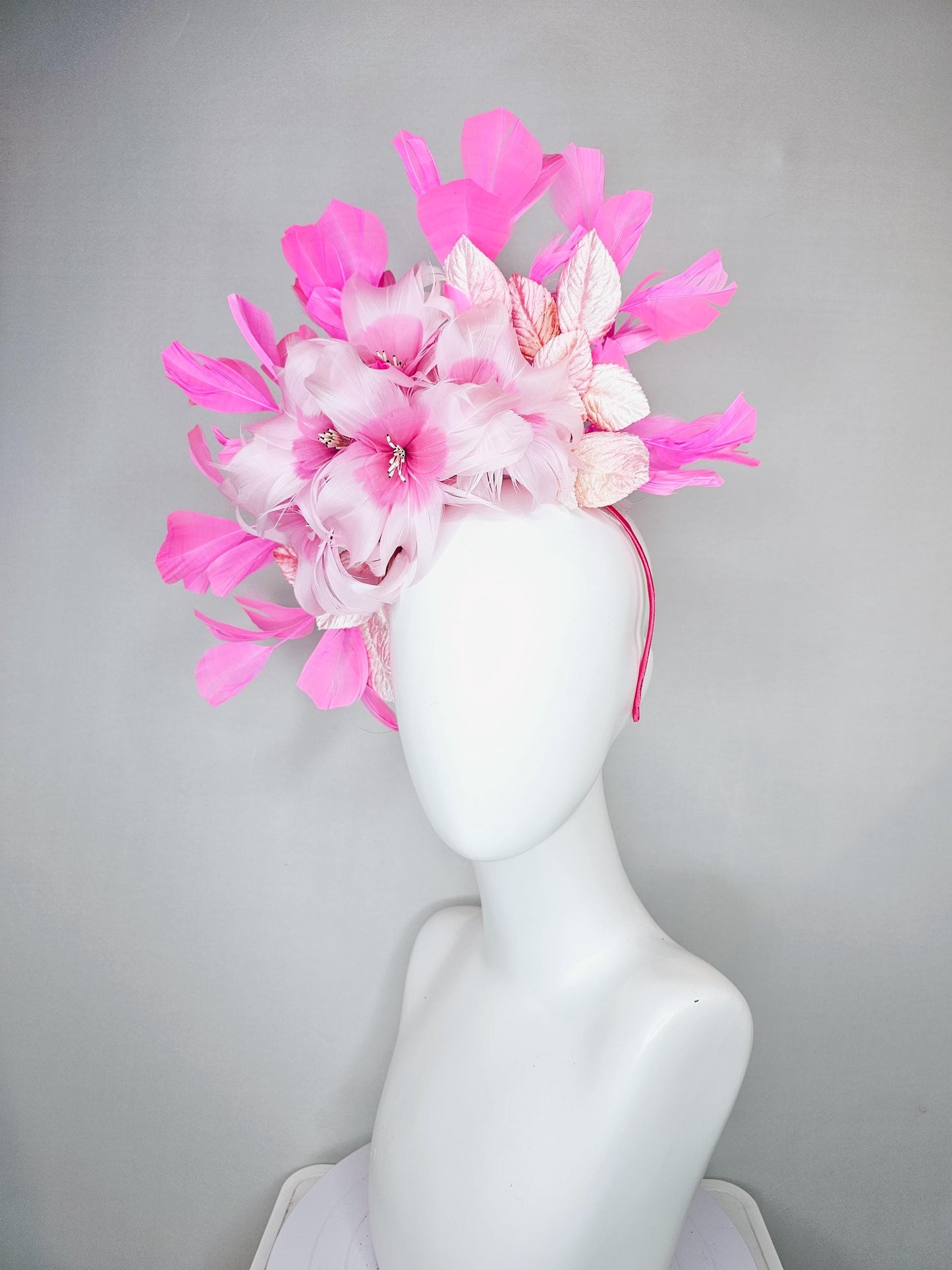 kentucky derby hat fascinator baby pink feather flower with blush pink leaves and pink feathers, thin headband