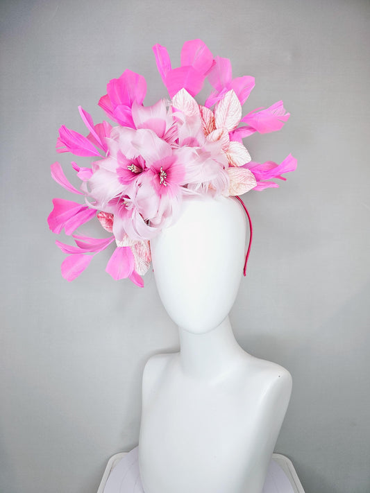 kentucky derby hat fascinator baby pink feather flower with blush pink leaves and pink feathers, thin headband