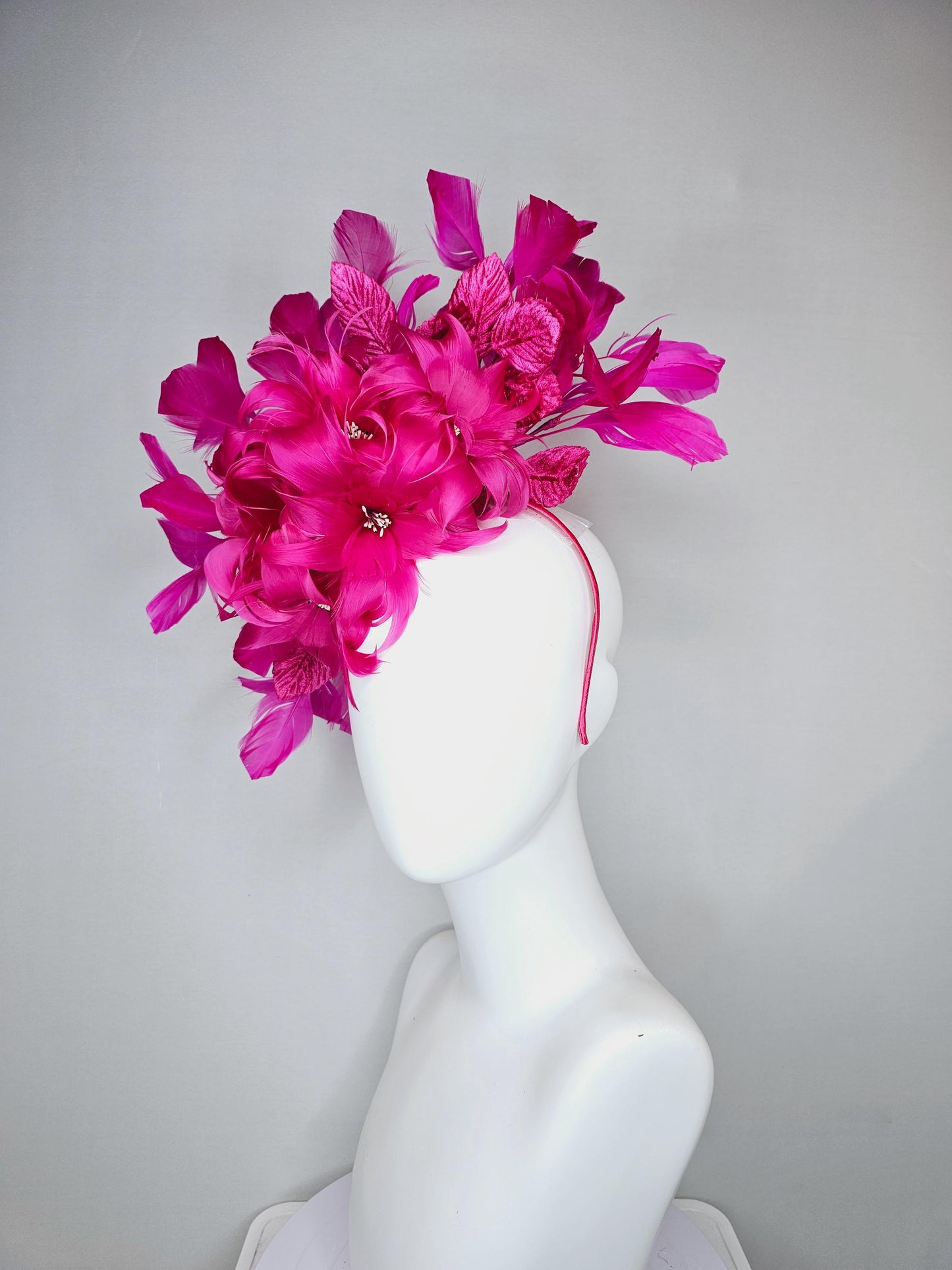 kentucky derby hat fascinator bright hot pink feather flowers with bright pink leaves and fuchsia pink feathers, thin headband