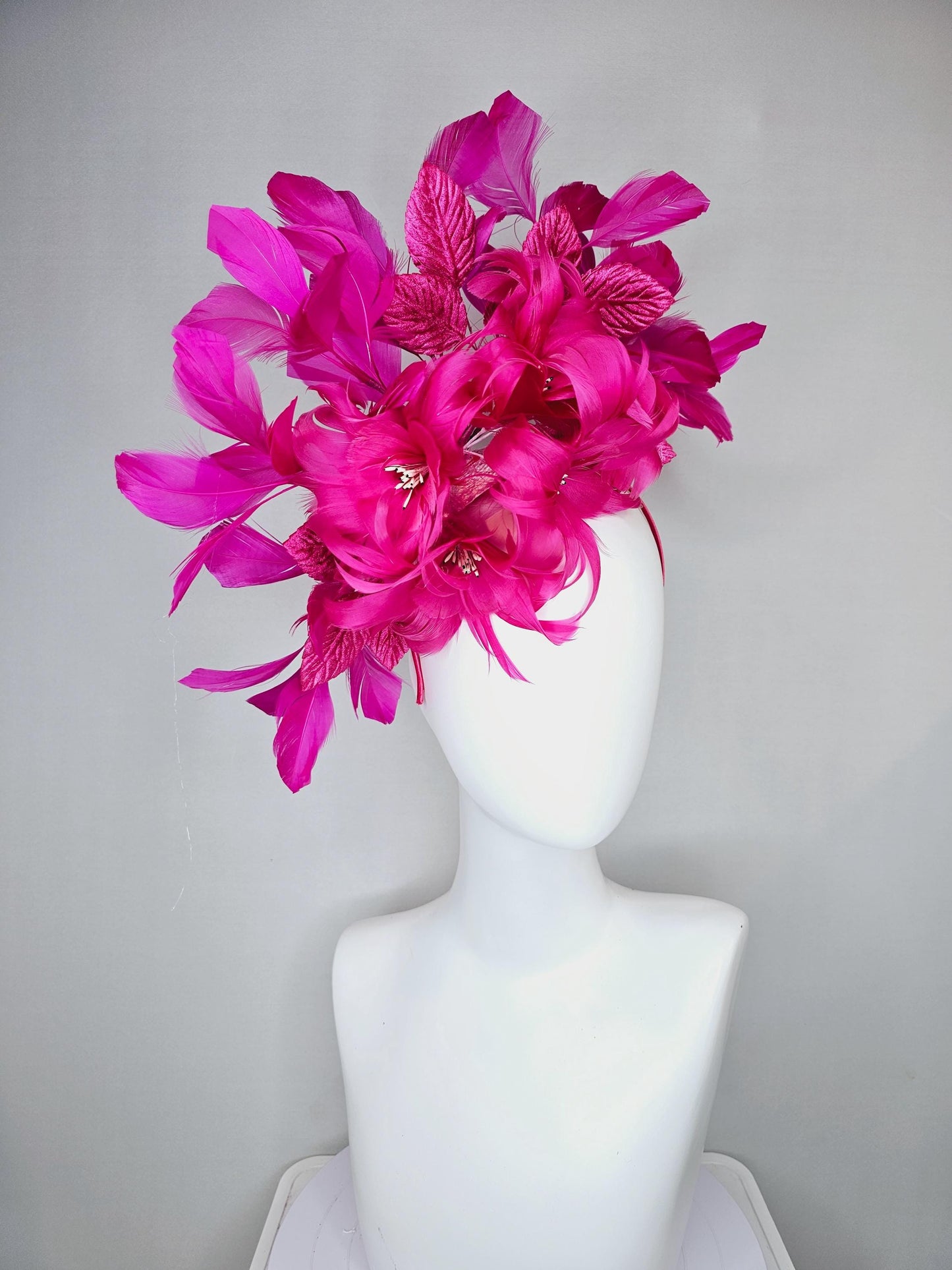 kentucky derby hat fascinator bright hot pink feather flowers with bright pink leaves and fuchsia pink feathers, thin headband