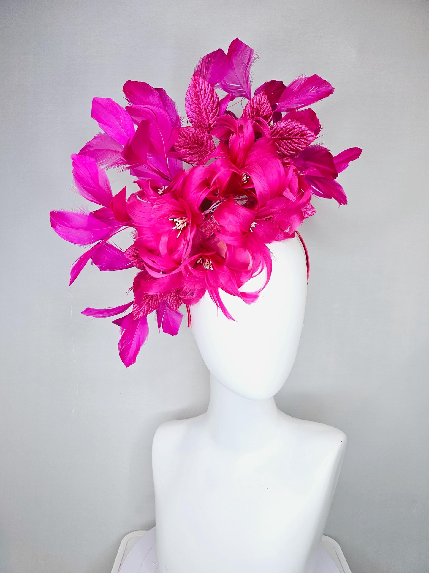 kentucky derby hat fascinator bright hot pink feather flowers with bright pink leaves and fuchsia pink feathers, thin headband