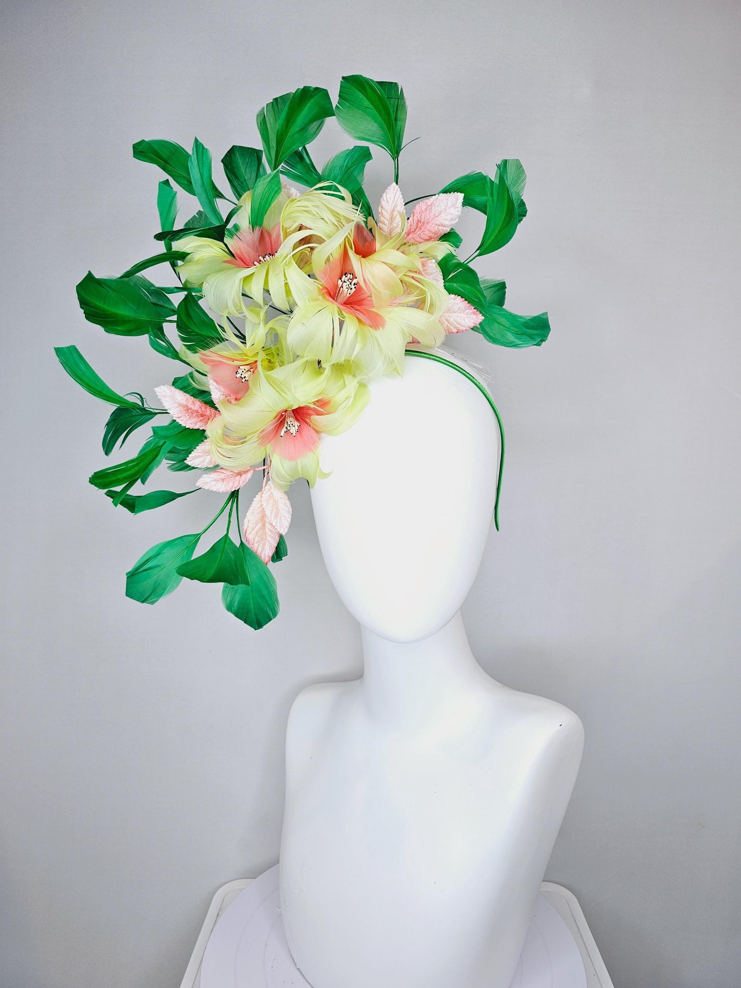 kentucky derby hat fascinator yellow feather flowers with ombre peach leaves and green feathers, thin headband