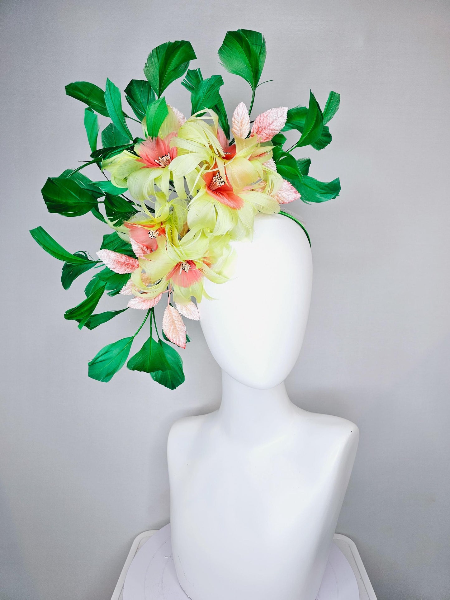 kentucky derby hat fascinator yellow feather flowers with ombre peach leaves and green feathers, thin headband