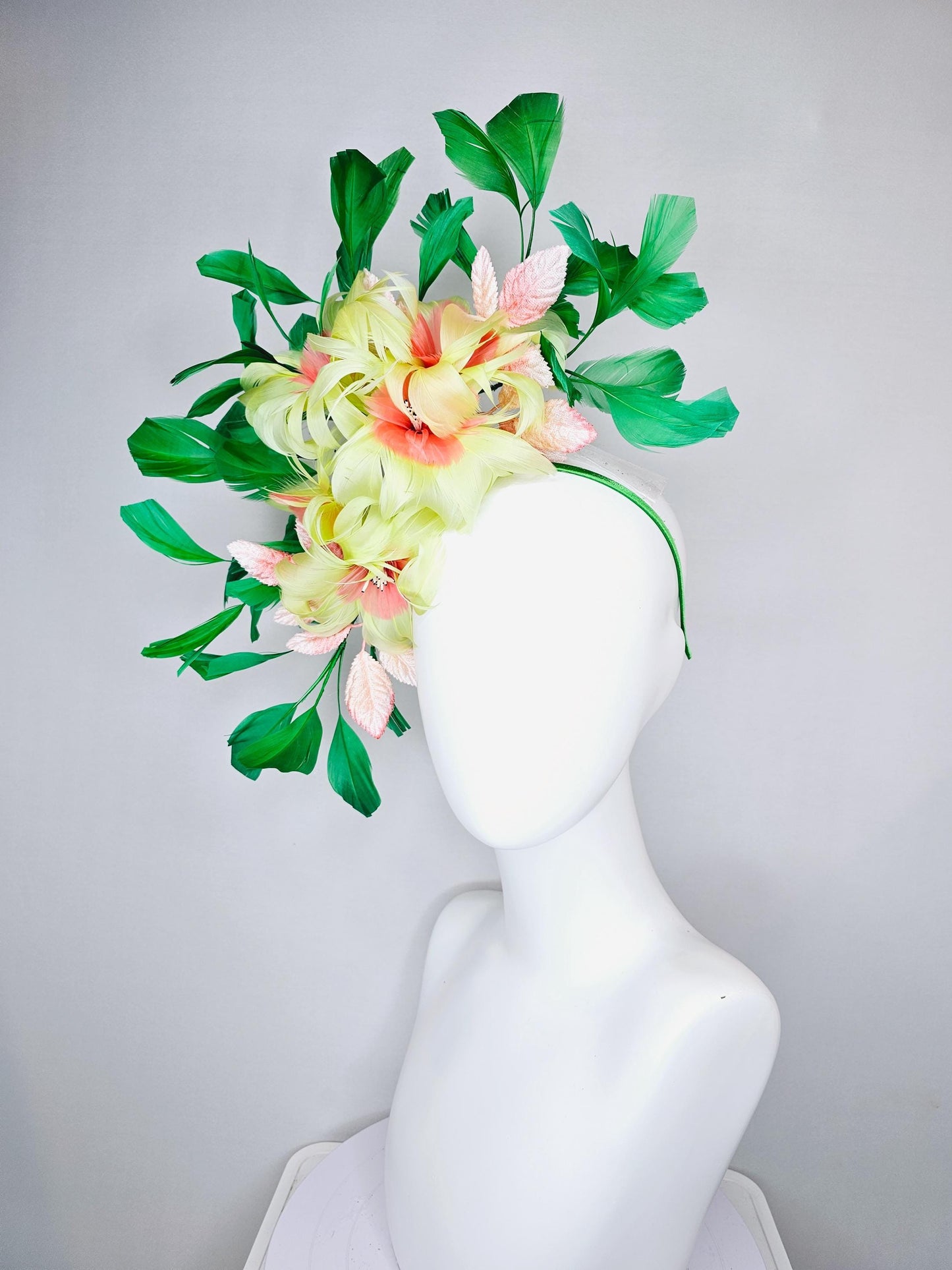 kentucky derby hat fascinator yellow feather flowers with ombre peach leaves and green feathers, thin headband