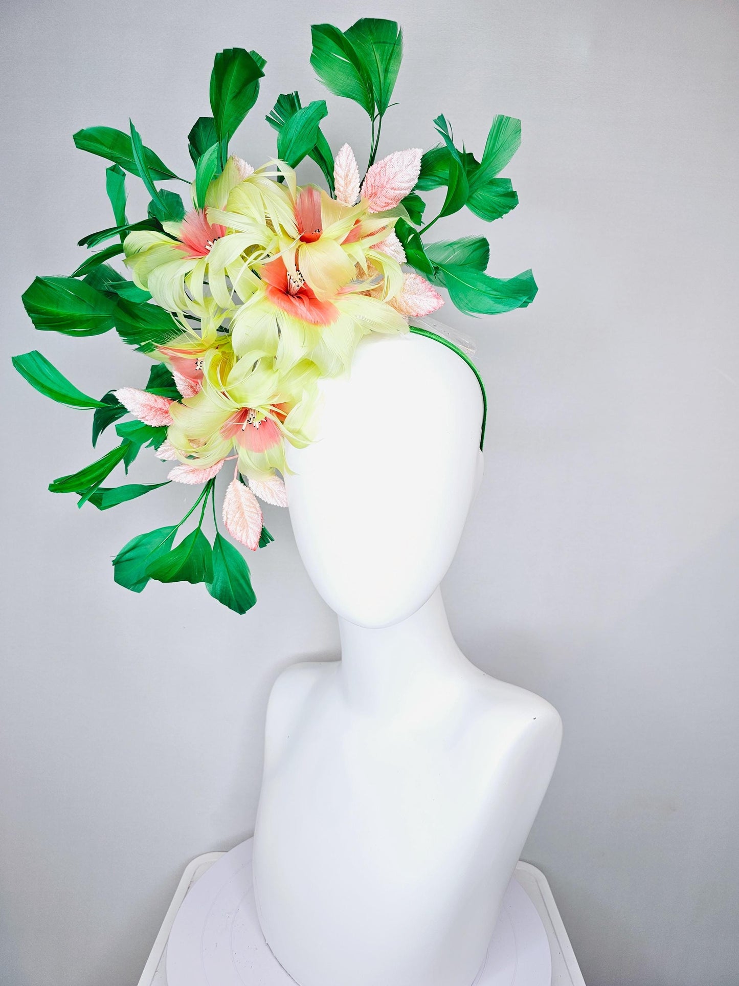 kentucky derby hat fascinator yellow feather flowers with ombre peach leaves and green feathers, thin headband