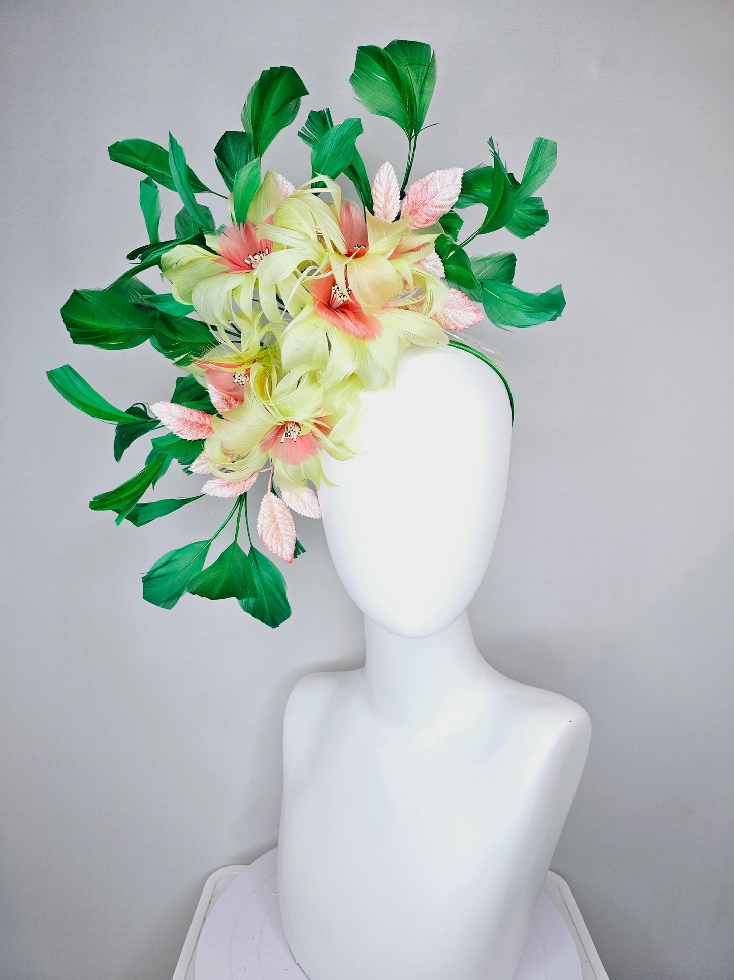 kentucky derby hat fascinator yellow feather flowers with ombre peach leaves and green feathers, thin headband