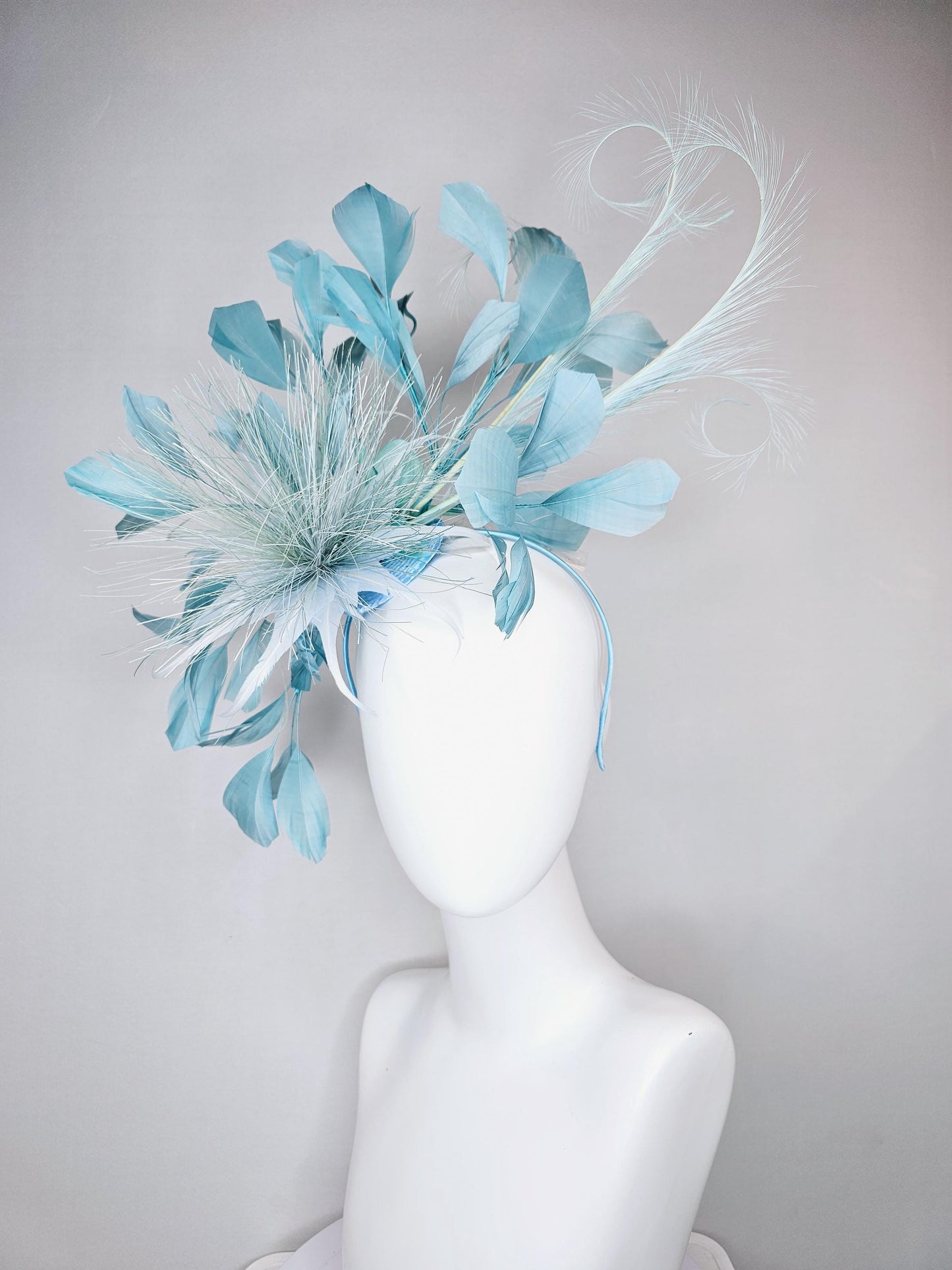 kentucky derby hat fascinator with light sky baby blue feather flower and light sky baby blue feathers, thin headband