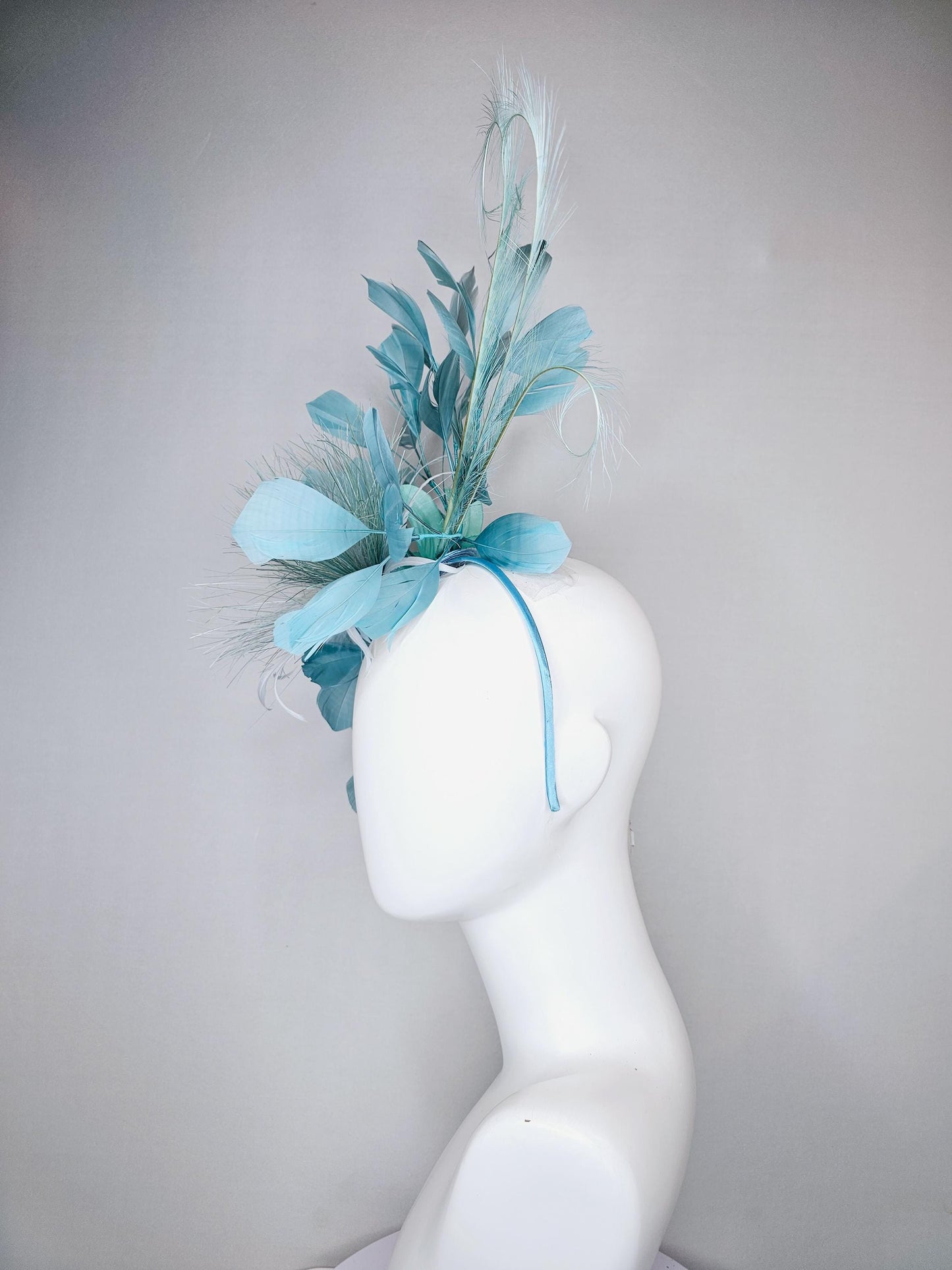 kentucky derby hat fascinator with light sky baby blue feather flower and light sky baby blue feathers, thin headband