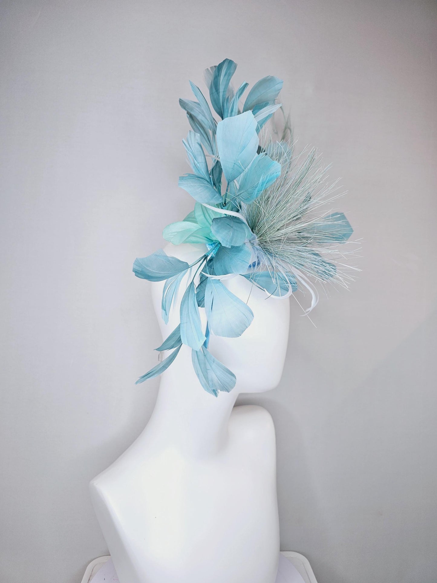 kentucky derby hat fascinator with light sky baby blue feather flower and light sky baby blue feathers, thin headband