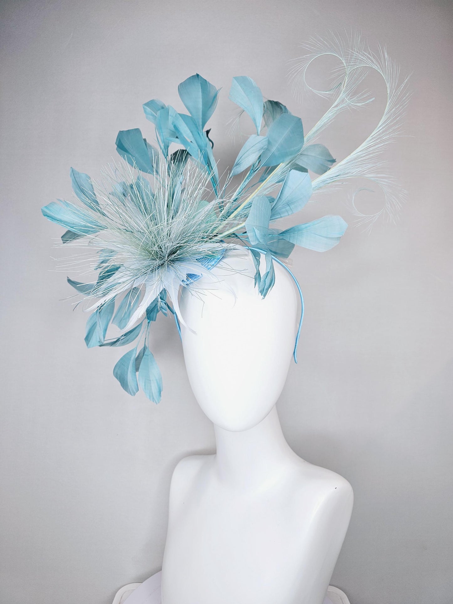 kentucky derby hat fascinator with light sky baby blue feather flower and light sky baby blue feathers, thin headband